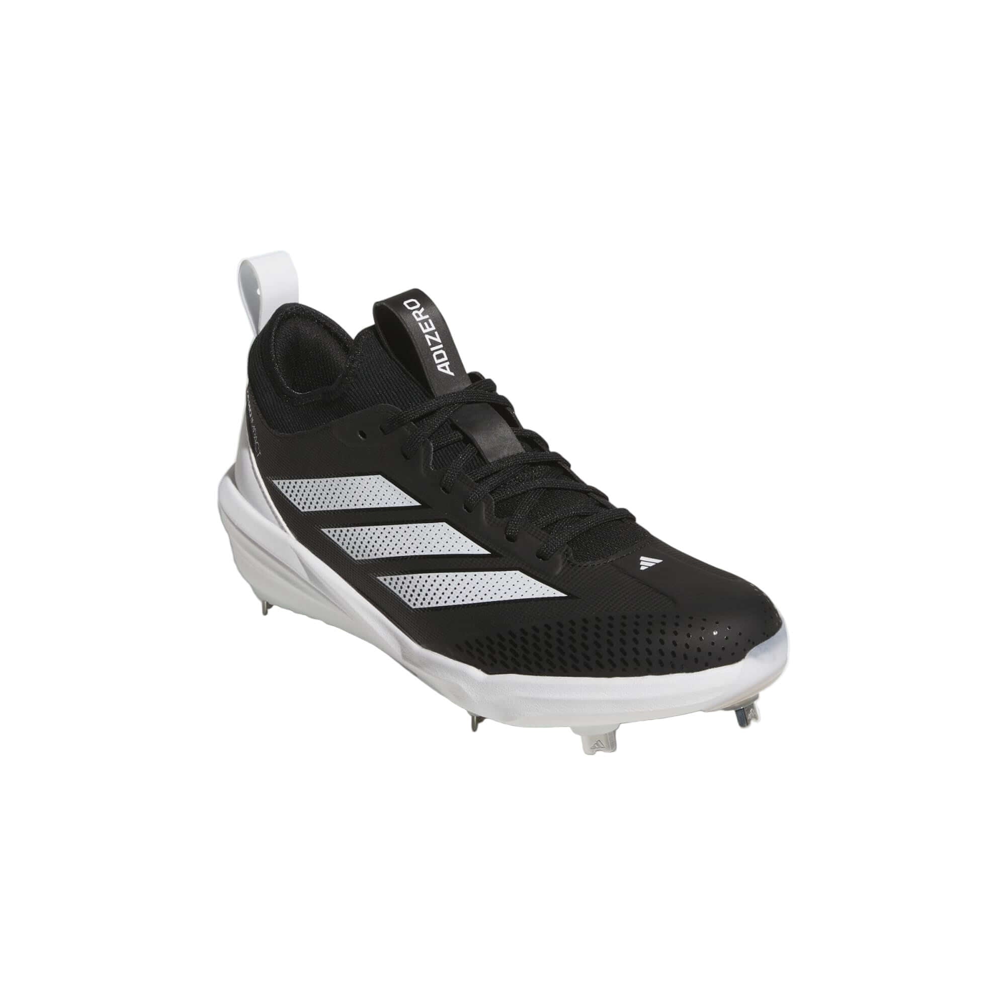 Adidas Adizero Impact 2.0 baseball cleats in black, featuring a supportive knit bootie for comfort and lightweight speed.
