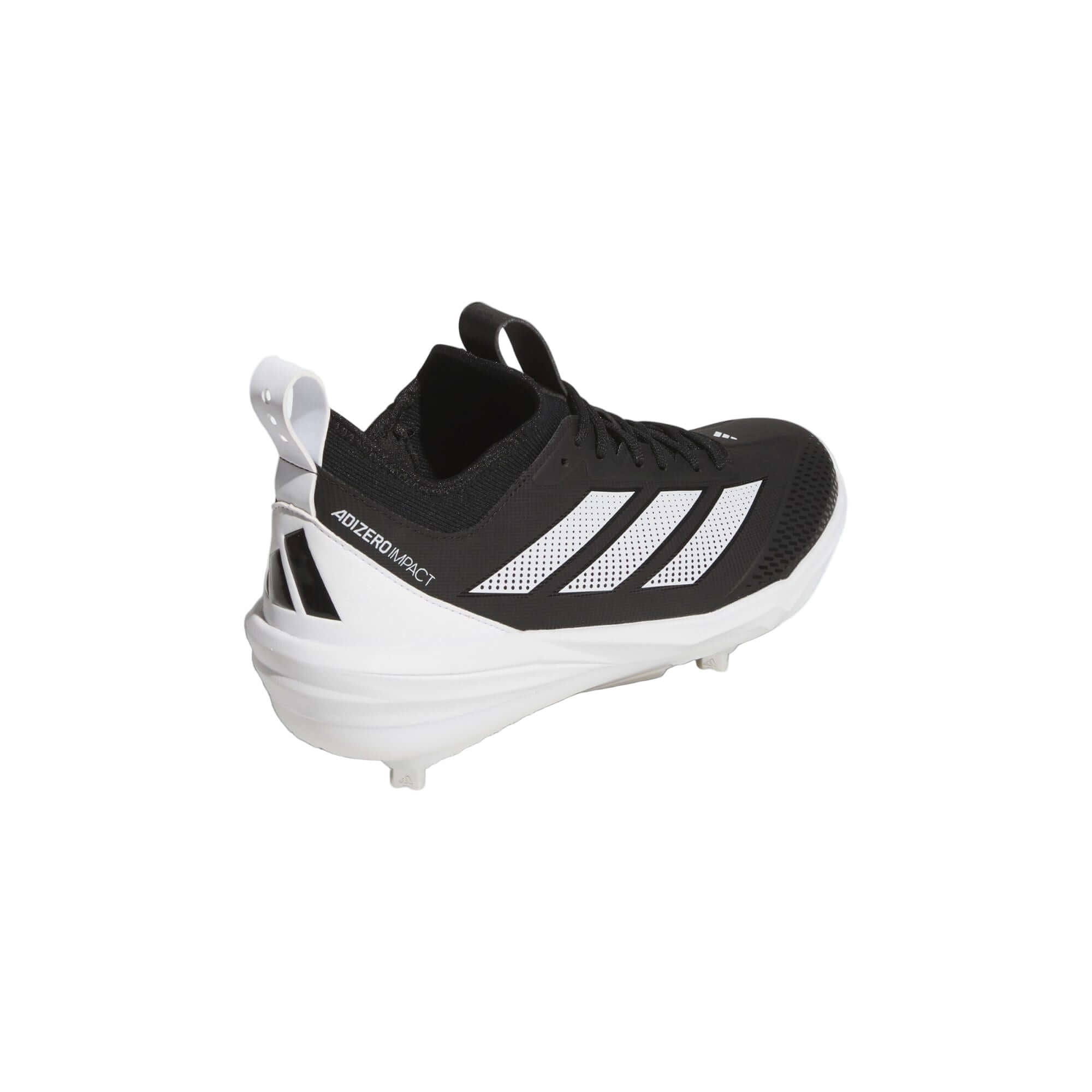 Adidas Adizero Impact 2.0 baseball cleats in black, featuring knit bootie design and lightweight structure.