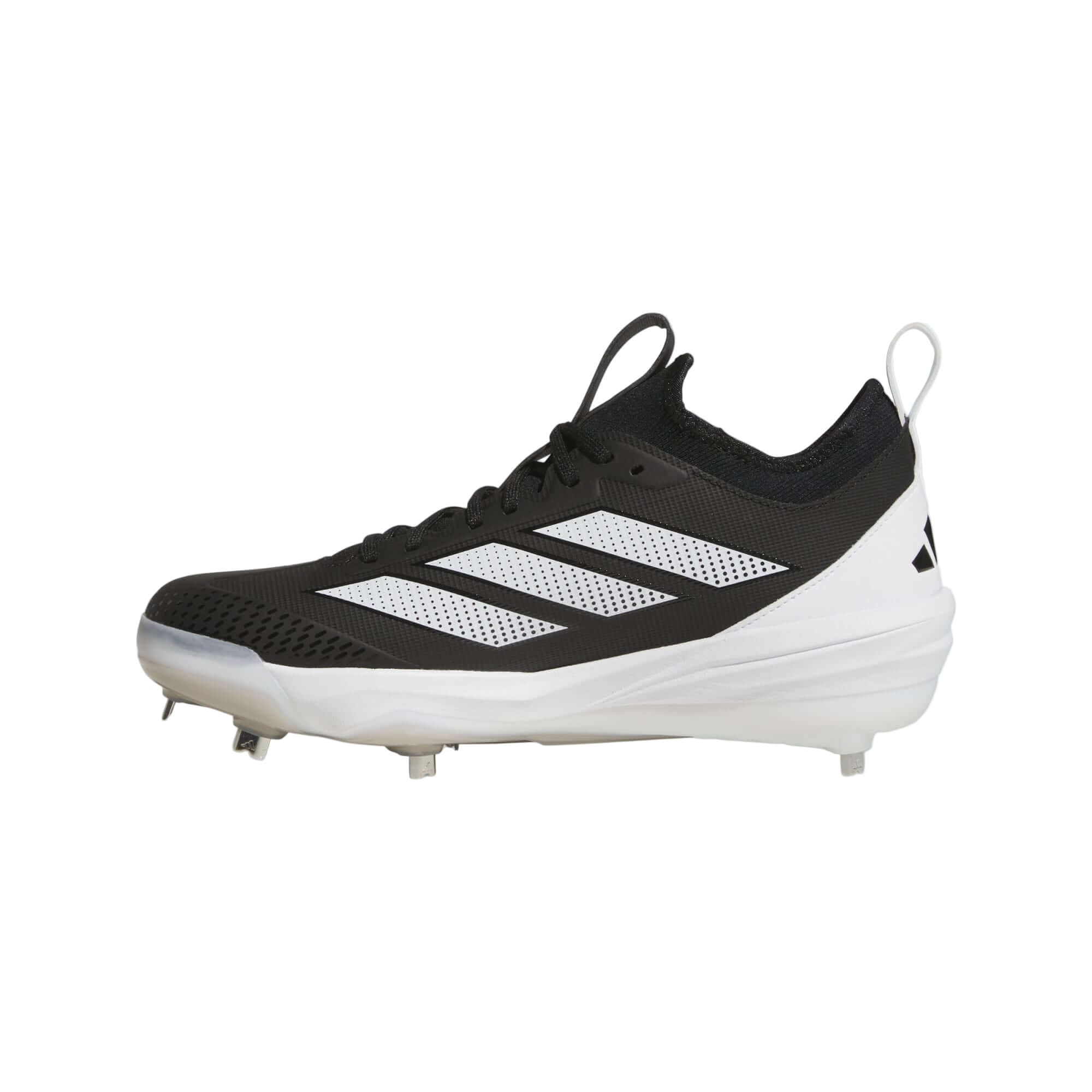 Adidas Adizero Impact 2.0 baseball cleats in black and white, designed for lightweight speed and superior traction.