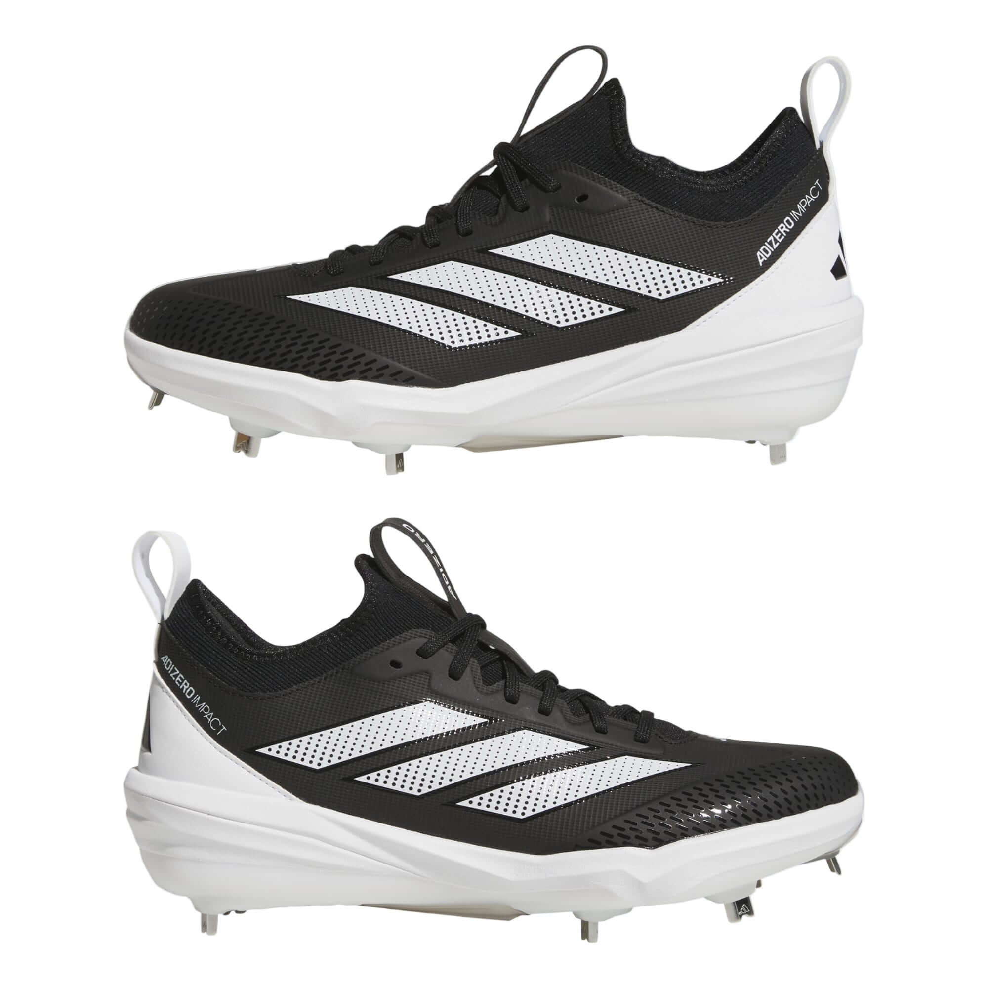 Adidas Adizero Impact 2.0 Baseball Cleats in black, showcasing lightweight design and superior traction for athletes.
