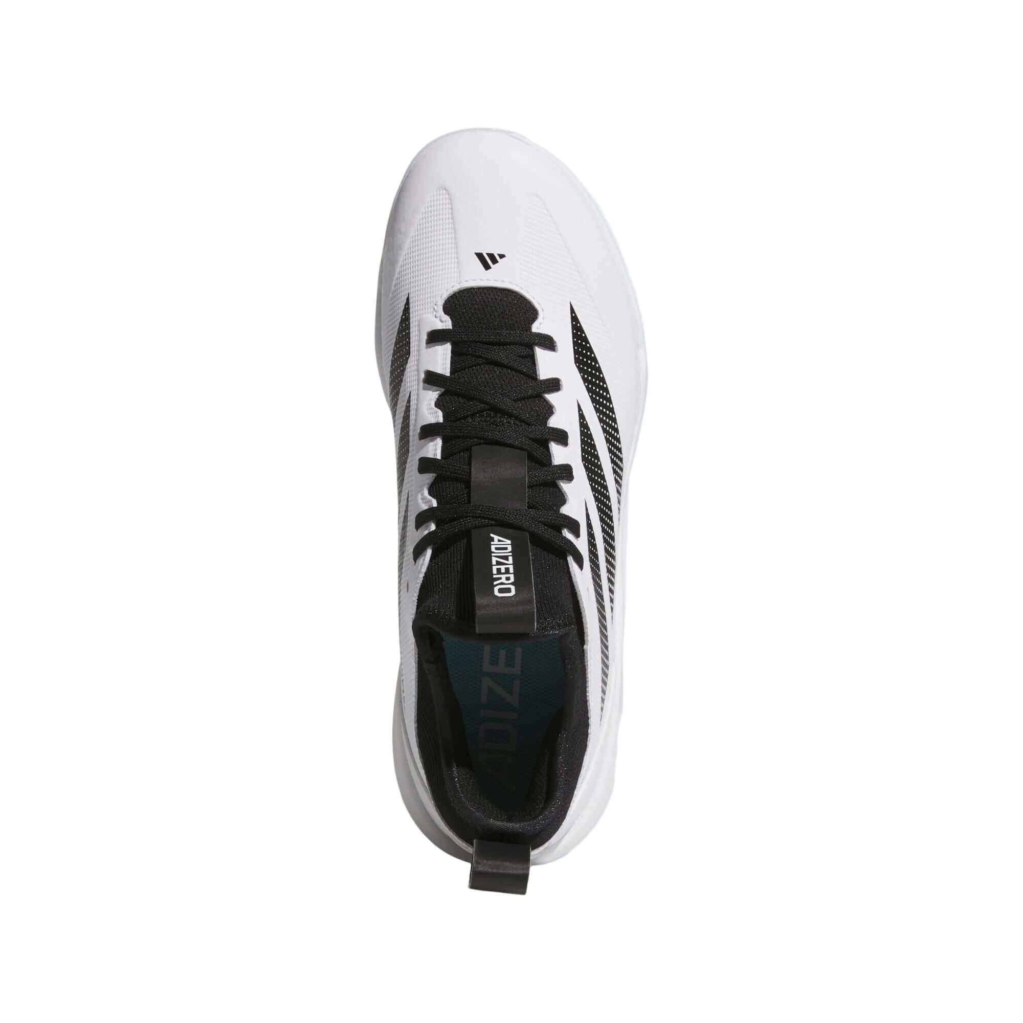 Adidas Adizero Impact 2.0 White Baseball Cleats – top view featuring lace closure and breathable knit upper.