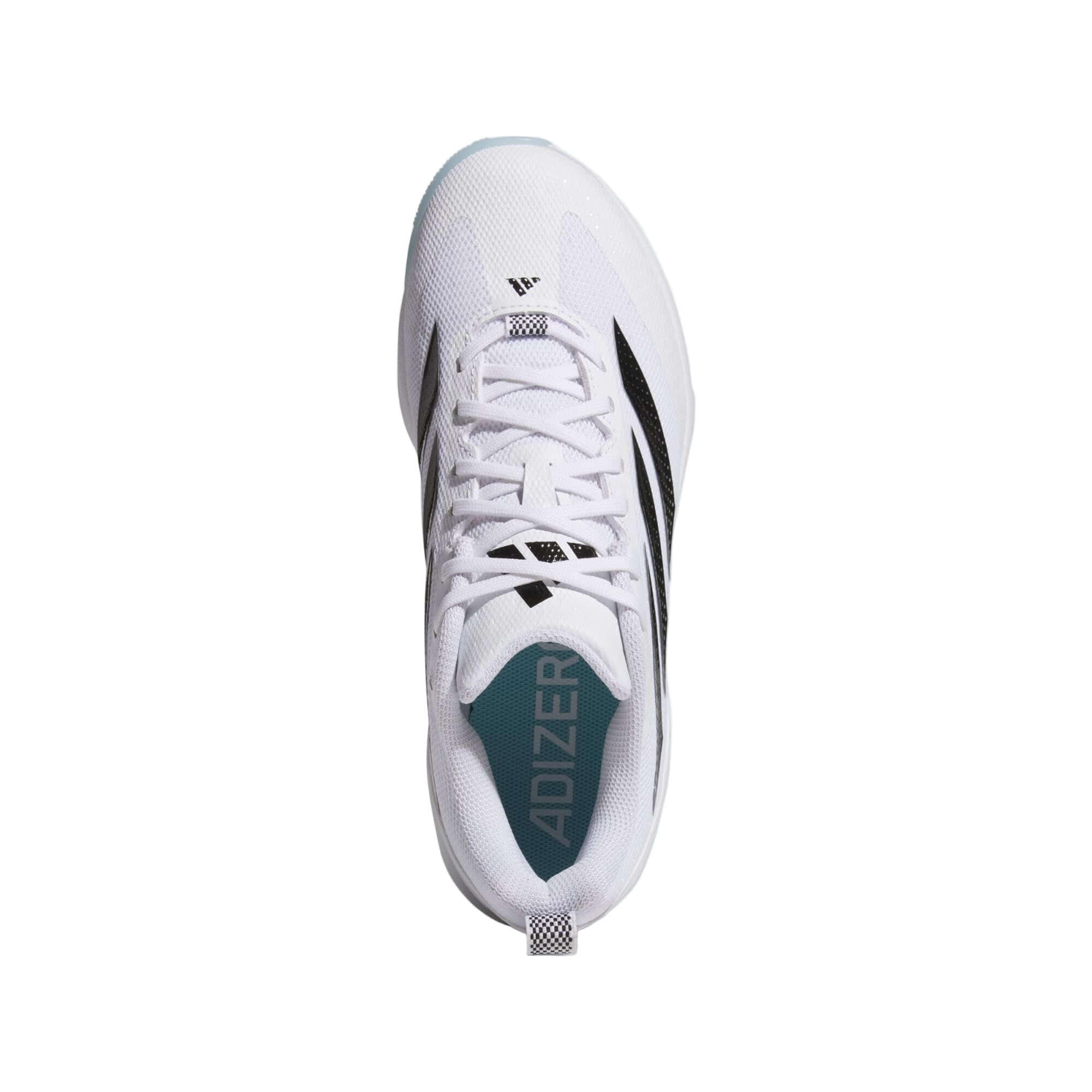 Adidas Adizero Impact 2.0 Turf Shoes in white with black accents, featuring a lightweight textile upper.