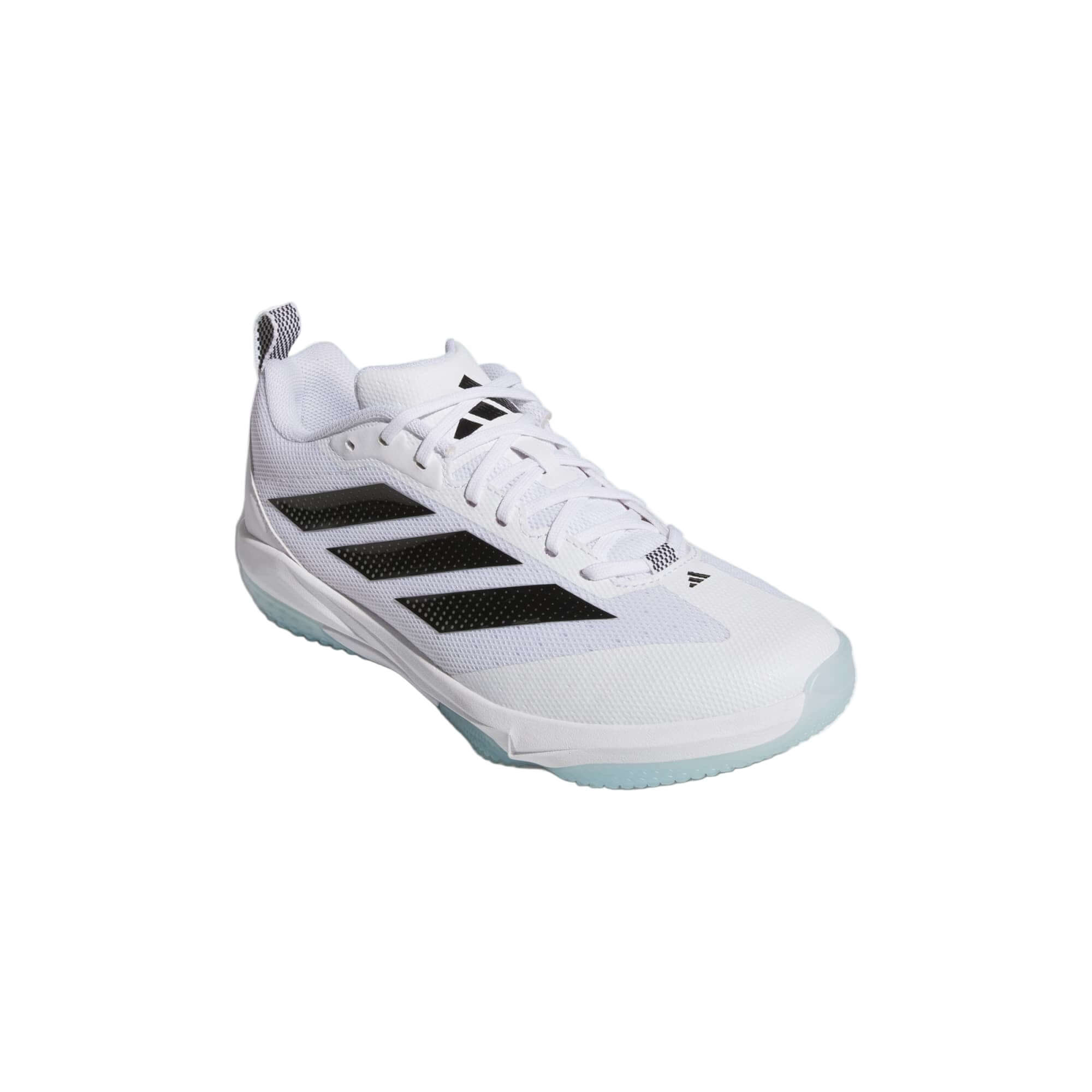 Adidas Adizero Impact 2.0 Turf Shoes in white with black stripes, designed for dynamic baseball players.