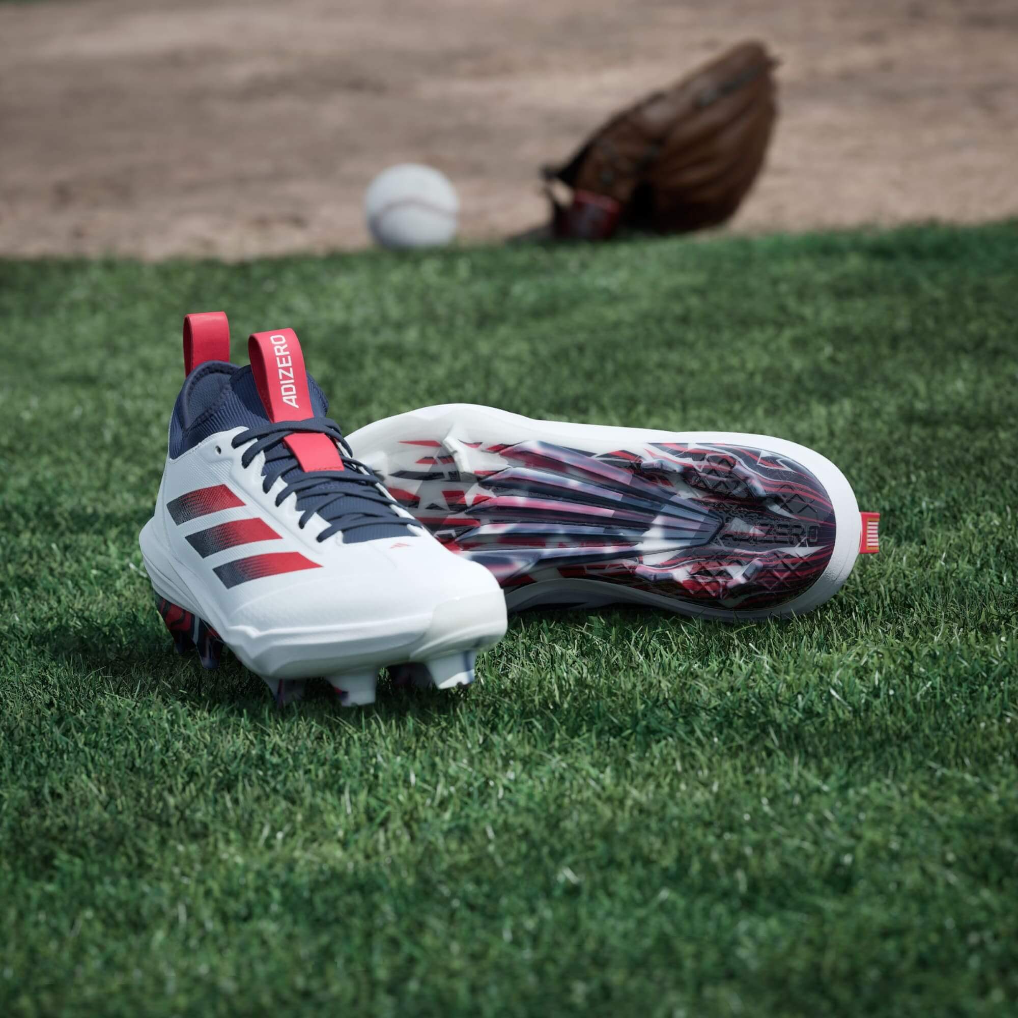 Adidas Adizero Impact TPU 2.0 USA Men's Baseball Cleats on grass field with baseball and glove in background