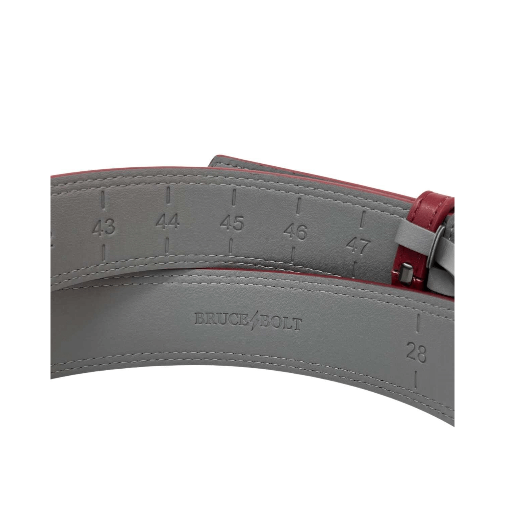 Back view of Bruce Bolt Maroon Adjustable Belt, featuring length mark for customization