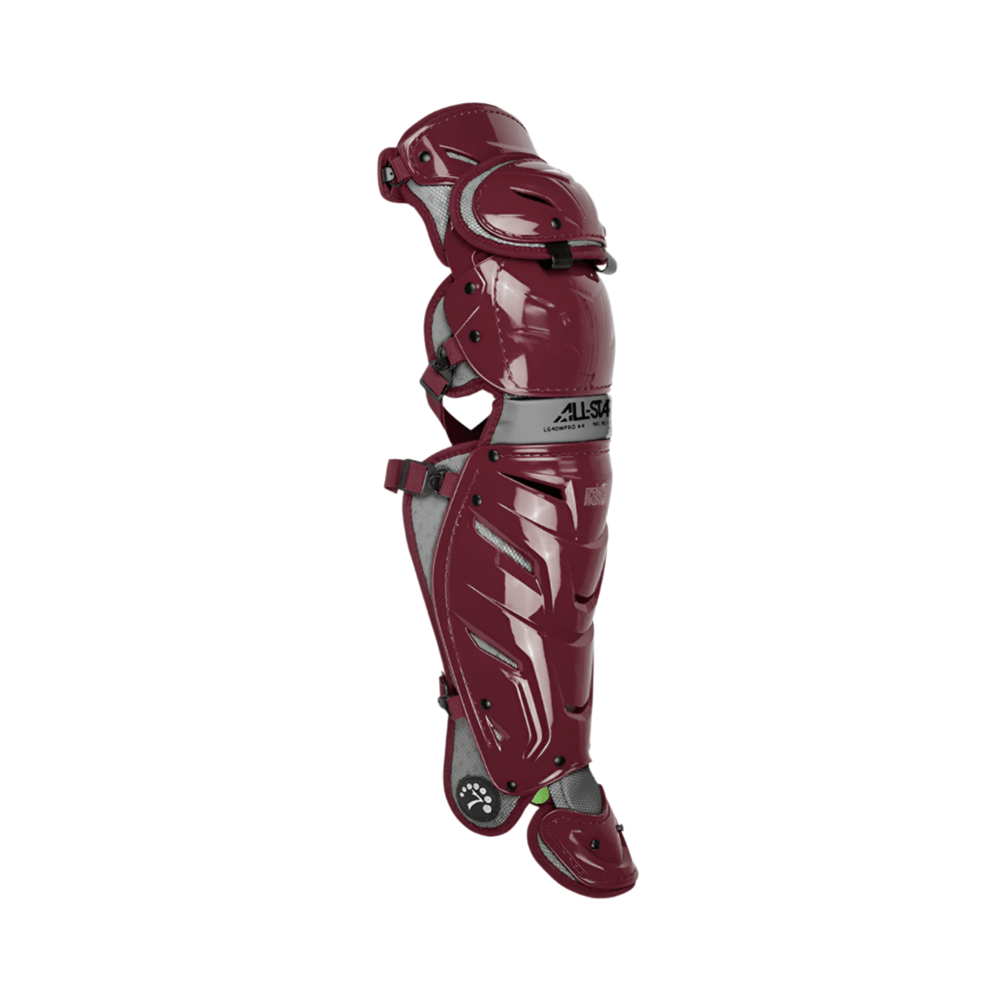 All-Star S7 Axis Leg Guards in burgundy, NOCSAE certified, offering top protection and mobility for adult athletes.