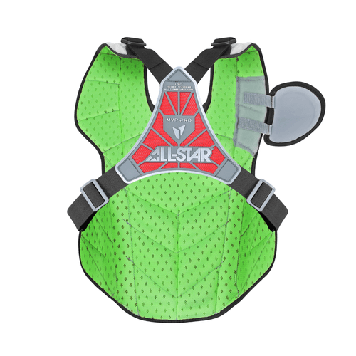 All-Star MVP-Pro Short Fuse Limited Edition Intermediate May the 4th chest protector in green, front view, with padding details.
