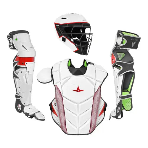 All-Star MVP-Pro Short Fuse Limited Edition Intermediate May the 4th catcher’s gear front view; includes white chest protector, helmet, and leg guards.