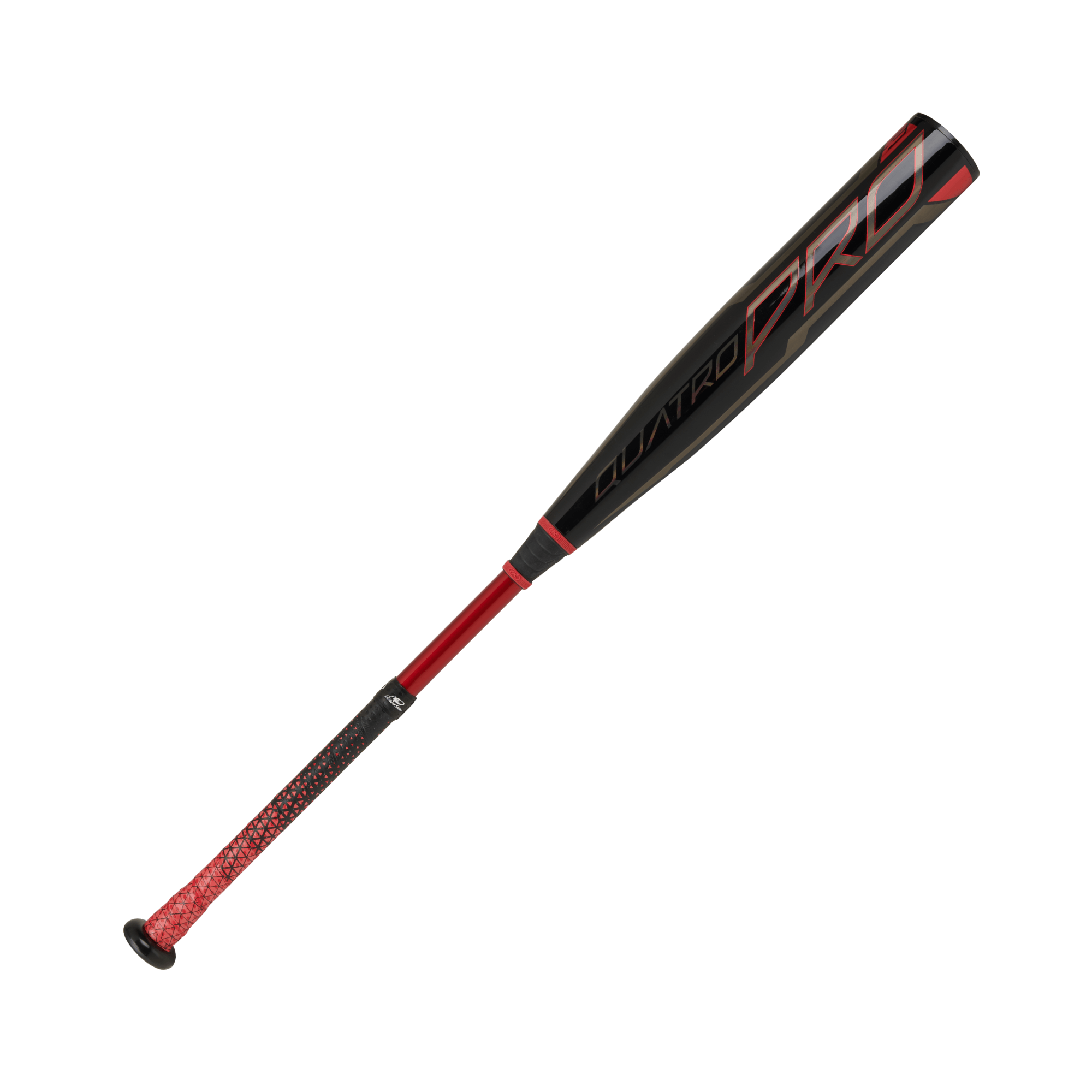 Rawlings 2021 Quatro Pro BBCOR -3 baseball bat with red grip and sleek black design, perfect for power hitters.