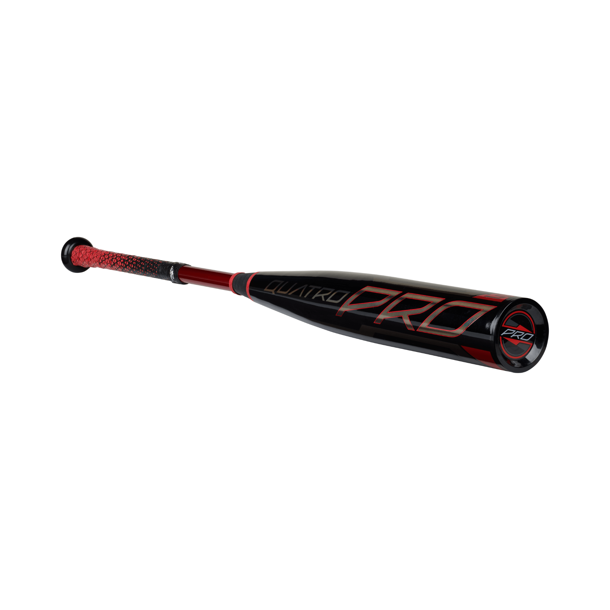 Rawlings 2021 Quatro Pro BBCOR -3 bat with a sleek black and red design showcasing its 2-piece composite construction.