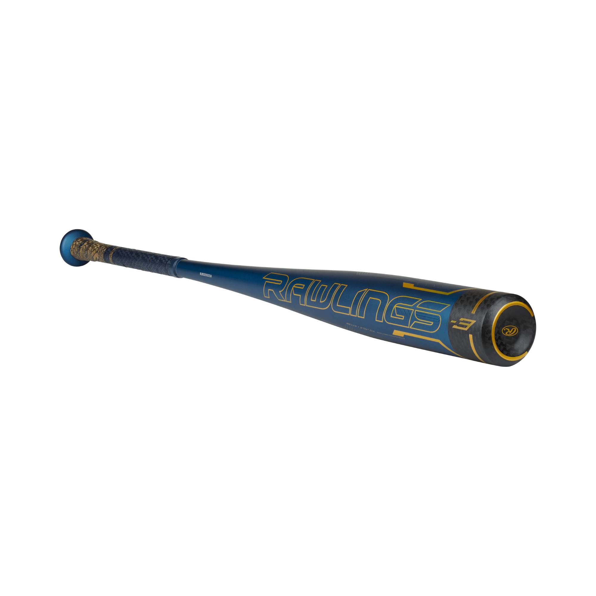 Rawlings Velo ACP BBCOR (-3) baseball bat showcasing a blue and gold design with sleek engineering for optimal swing speed.