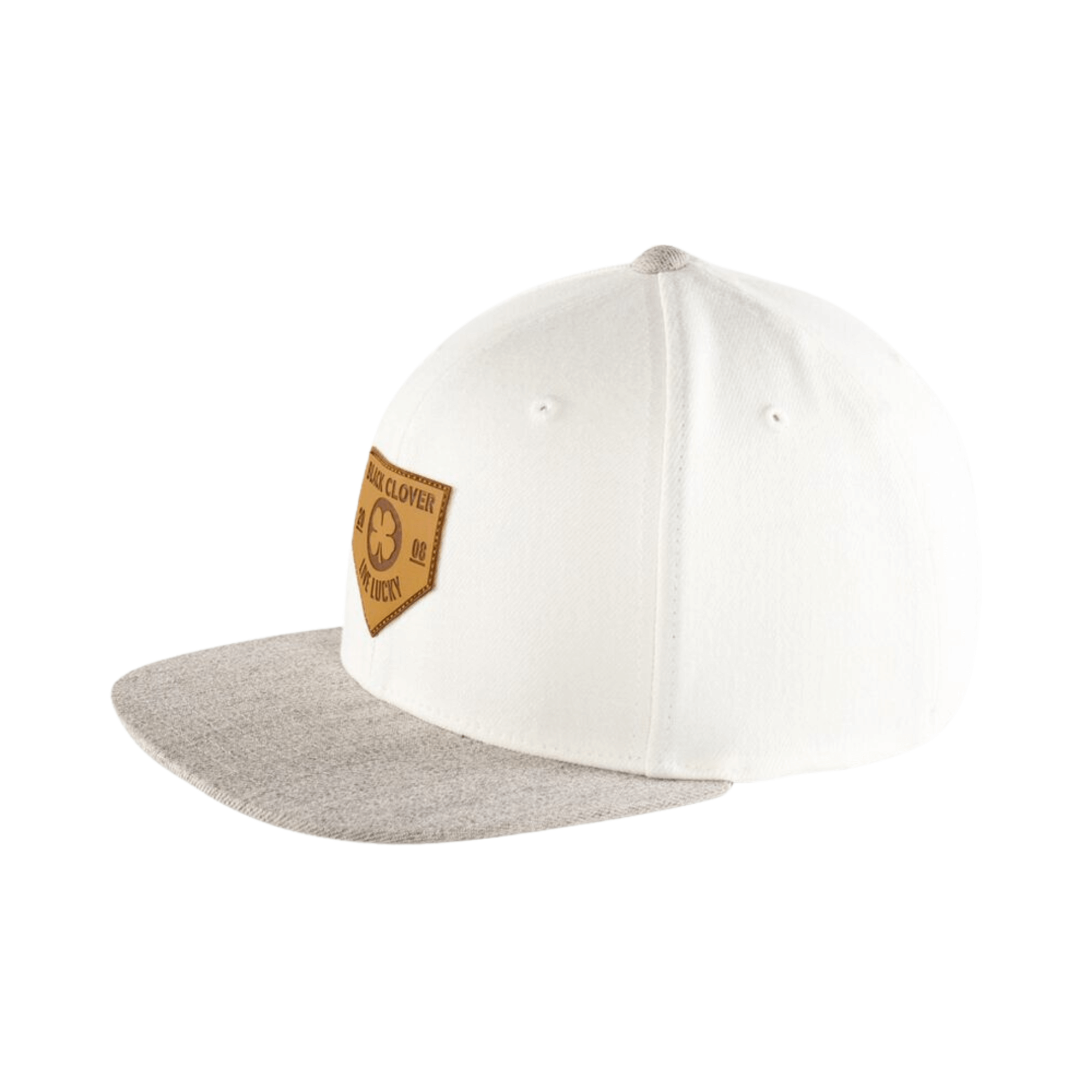 Rawlings Black Clover leather patch flat bill hat in white and grey with home plate patch.