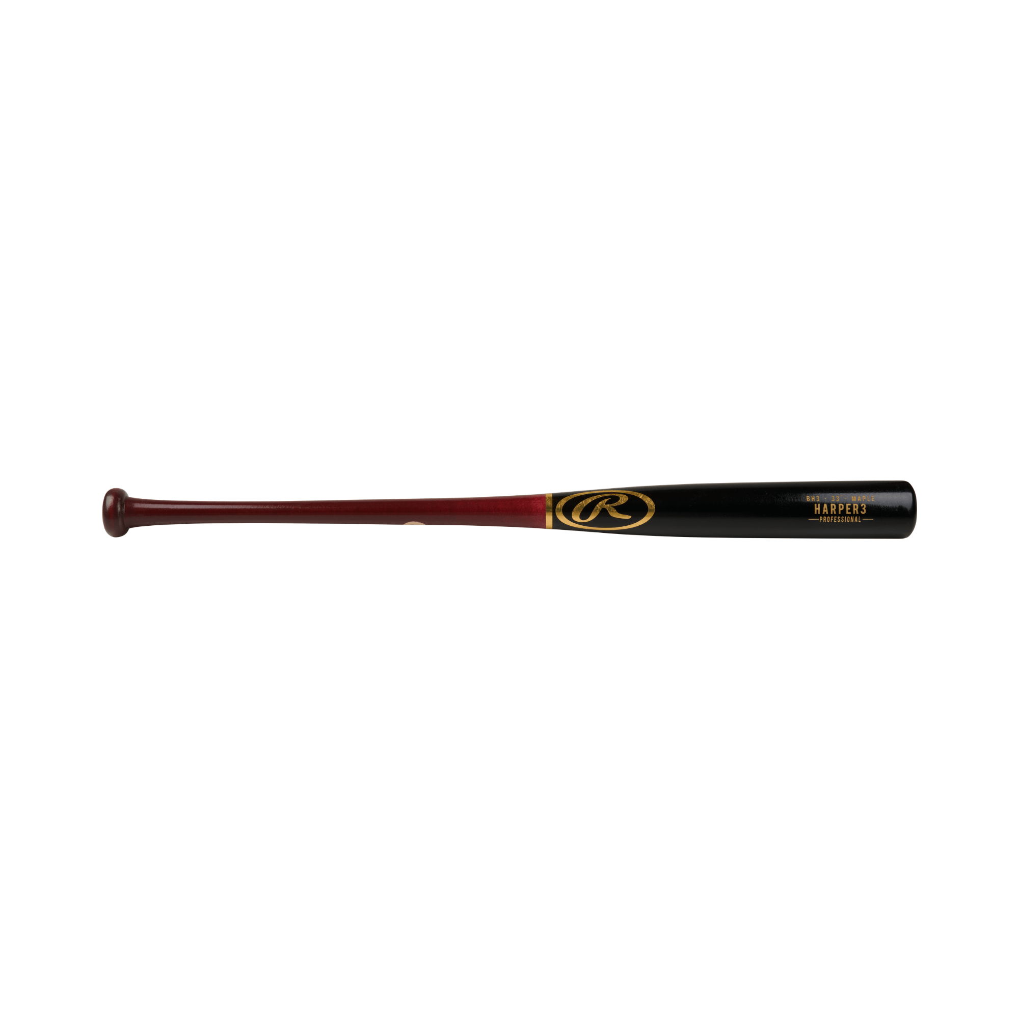 Rawlings Bryce Harper Pro Label Maple Wood Bat with black barrel and wine red handle