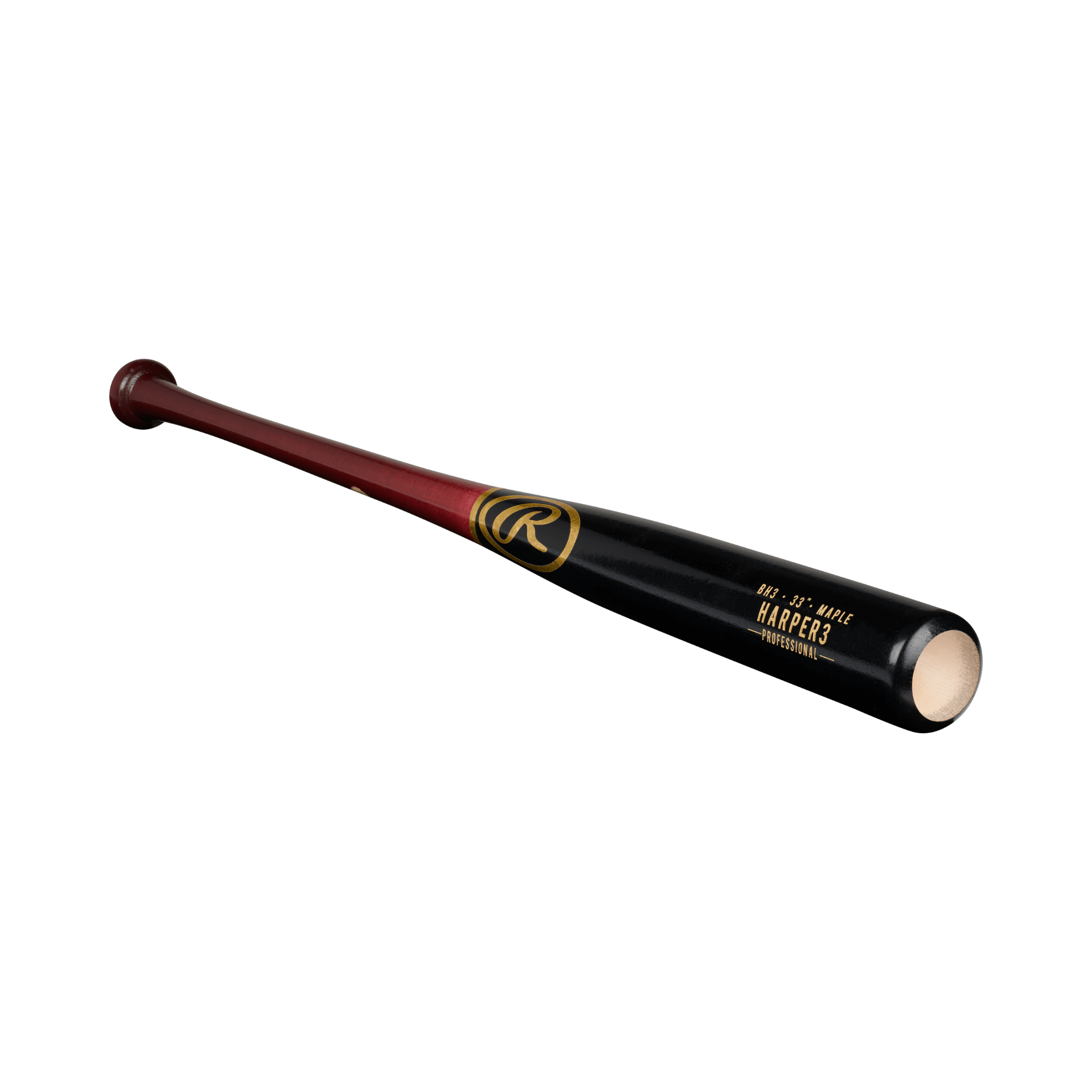 Rawlings Bryce Harper Pro Wood Bat, Maple 33, black barrel, wine red handle, gold foil Oval-R logo