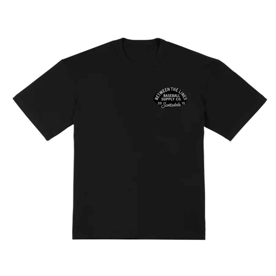 Front view of black BTL Baseball Supply Co. T-Shirt with chest logo.