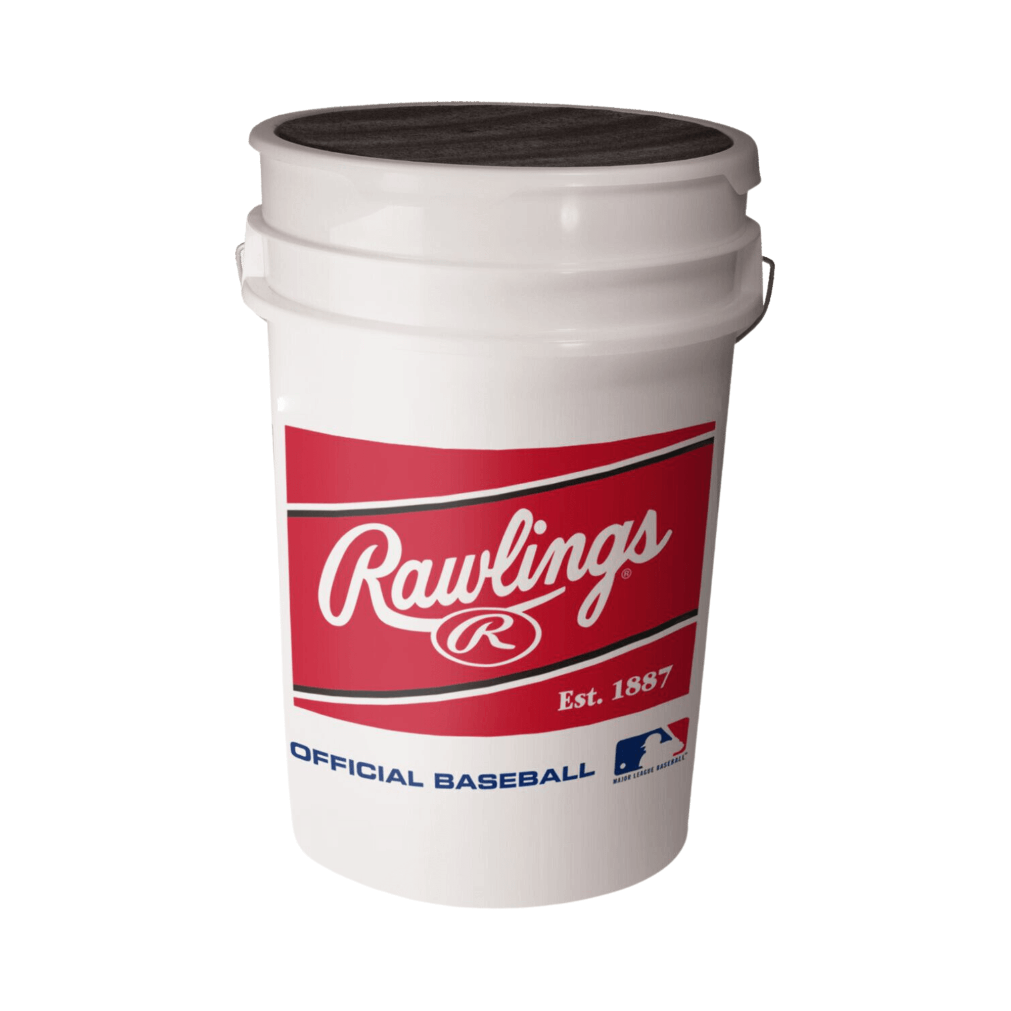 Rawlings MLB baseball bucket with snap-on lid, durable design for storing up to 4 dozen baseballs, white and red color.