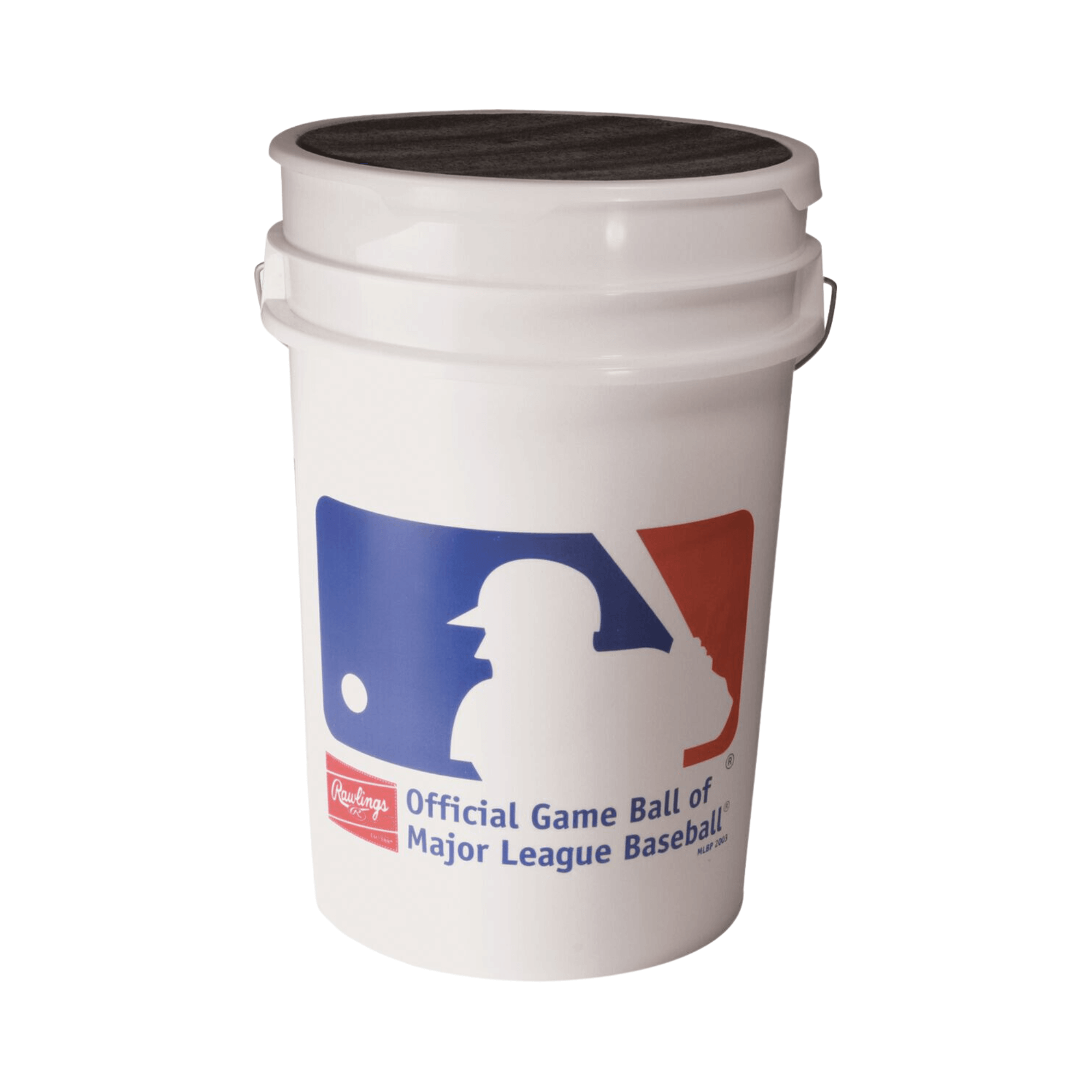 Rawlings 6-gallon bucket for storing baseballs, featuring MLB logo and snap-on cushioned lid. Perfect for practice and games.