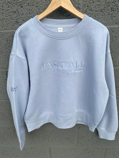 Light blue Baseball Mom crew sweatshirt featuring a classic neckline and long sleeves, perfect for game day wear.