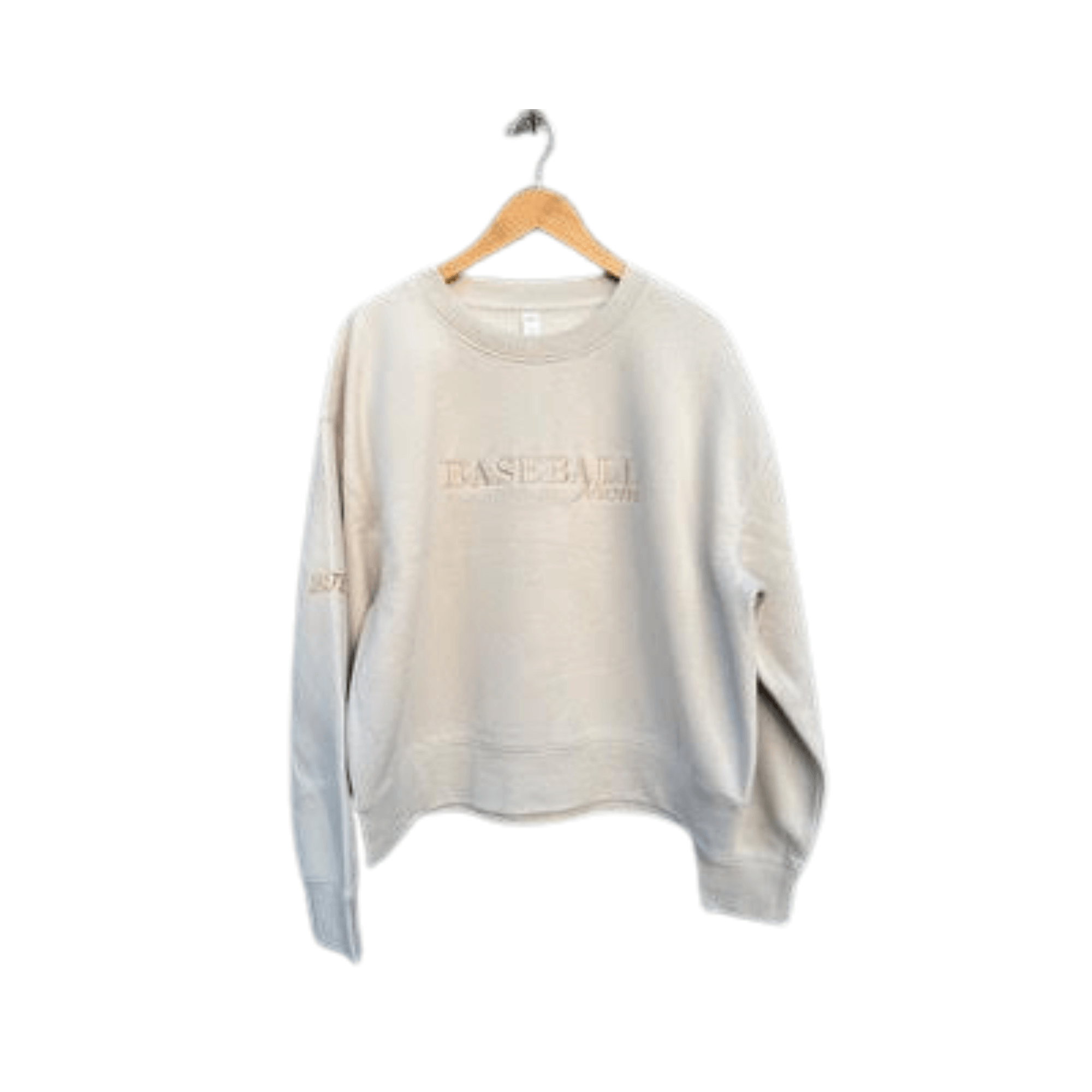 Baseball Mom Crew sweatshirt in light beige with crew neckline, perfect for game day comfort and style.