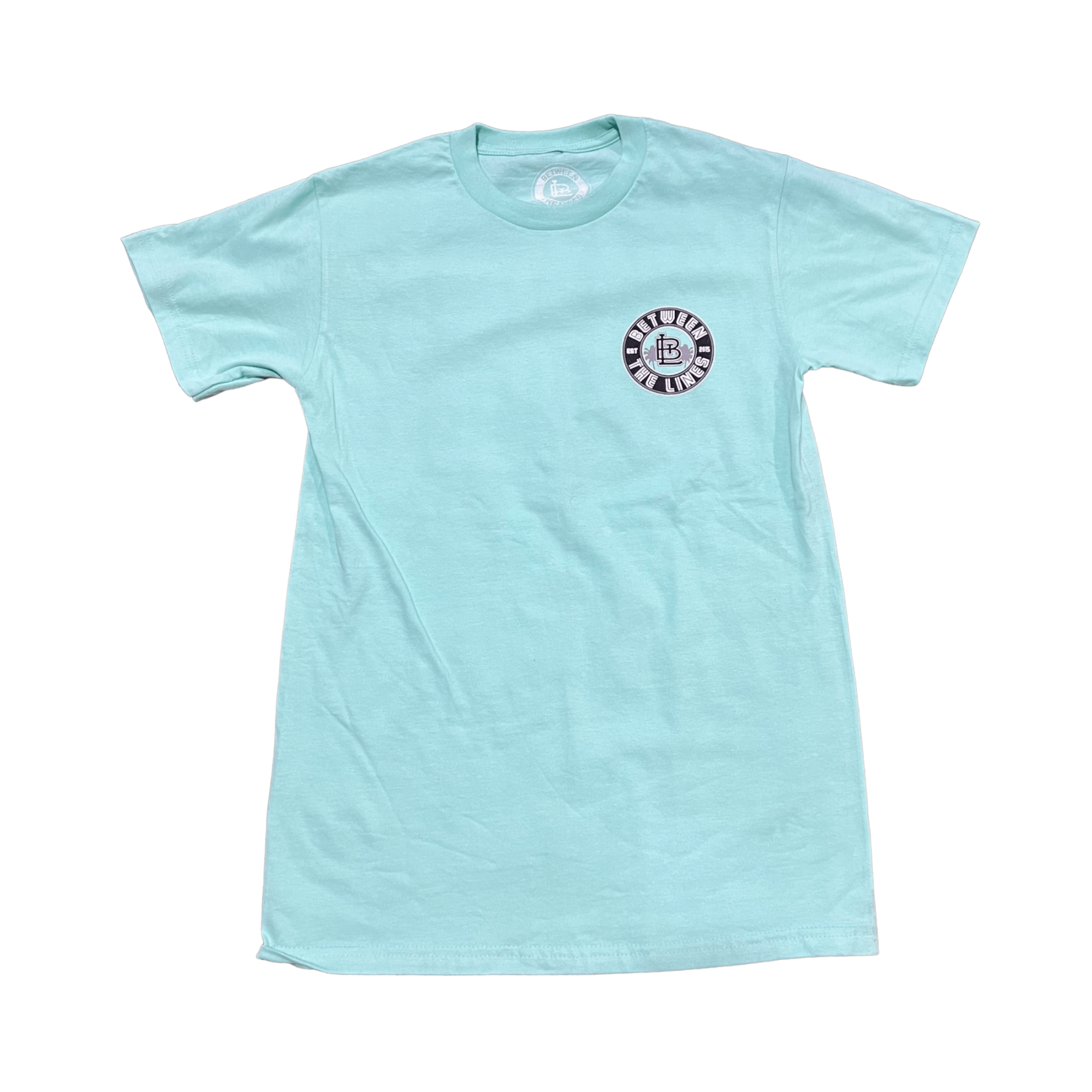 Light blue Between The Lines Palm Tree T-Shirt featuring a classic crew neckline and vibrant printed design.