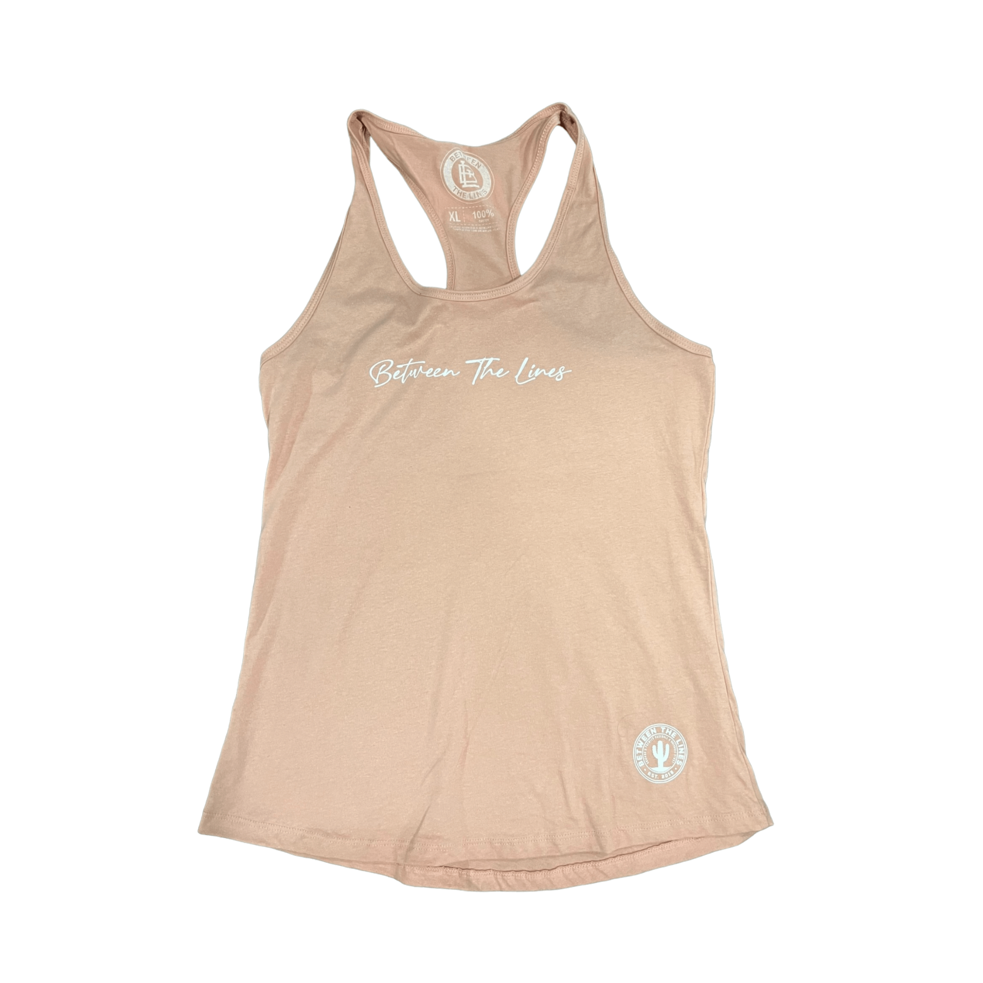 Between The Lines Racerback Women's T-Shirt in light peach, featuring a trendy sleeveless design and comfortable fit.