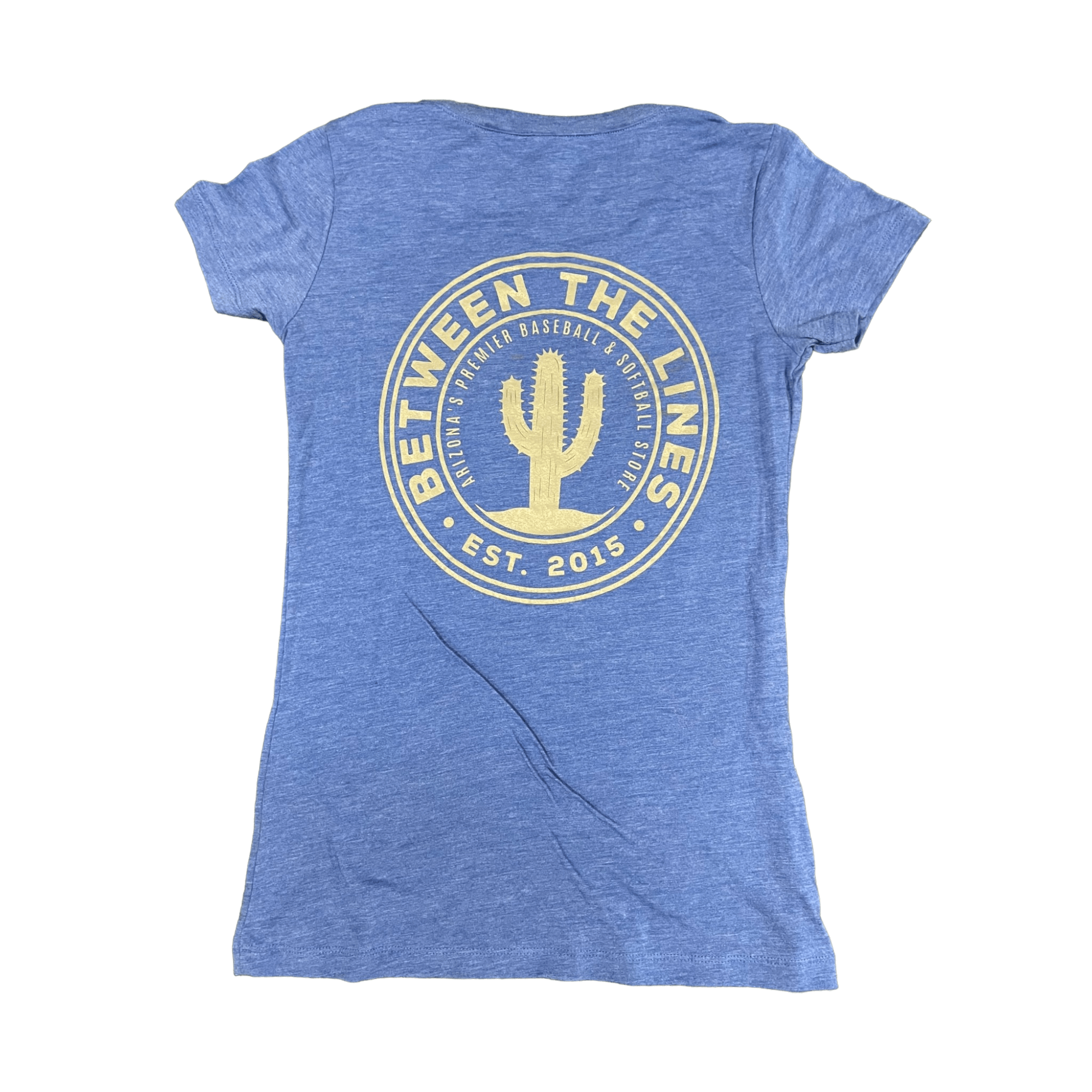Back view of Between The Lines Women's Cactus T-Shirt with trendy cactus logo on soft blue fabric.