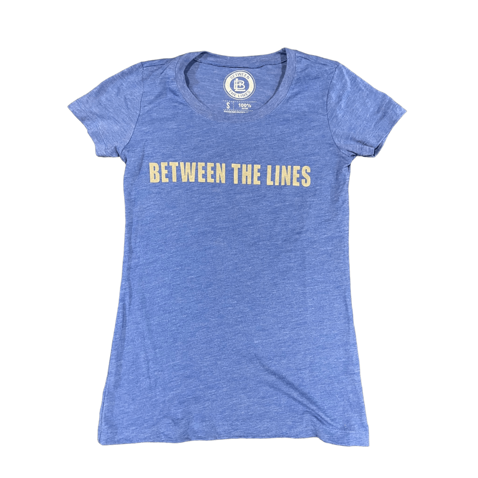 Between The Lines women's short-sleeve t-shirt in blue, featuring a stylish yellow graphic text design.