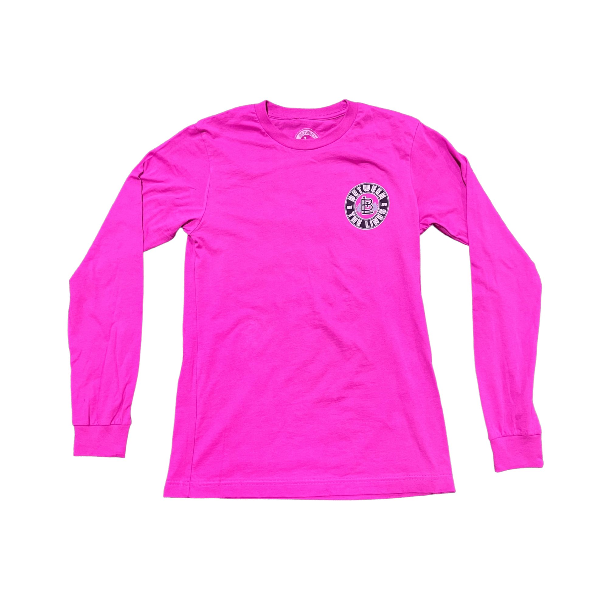 Bright pink long sleeve shirt with a logo on the chest, perfect for casual outings and comfortable wear.
