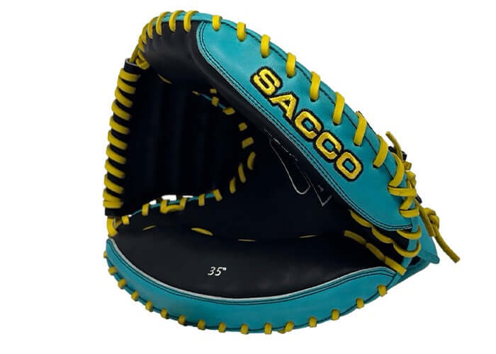 Sacco Ultra Premium 35" Catcher's Mitt in teal and yellow - pocket view from side.