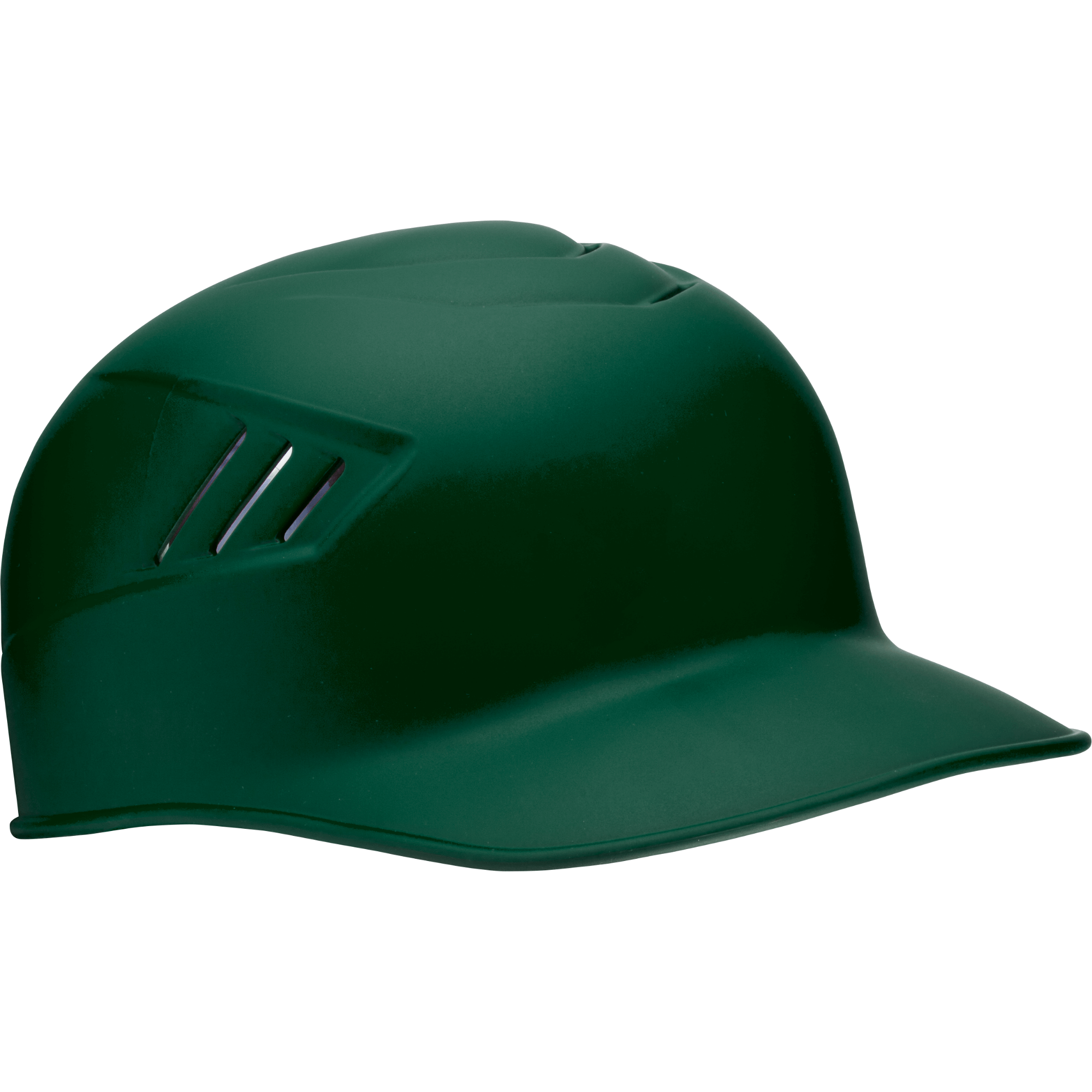 Rawlings Coolflo matte dark green catcher's and base coach skull cap helmet side view.