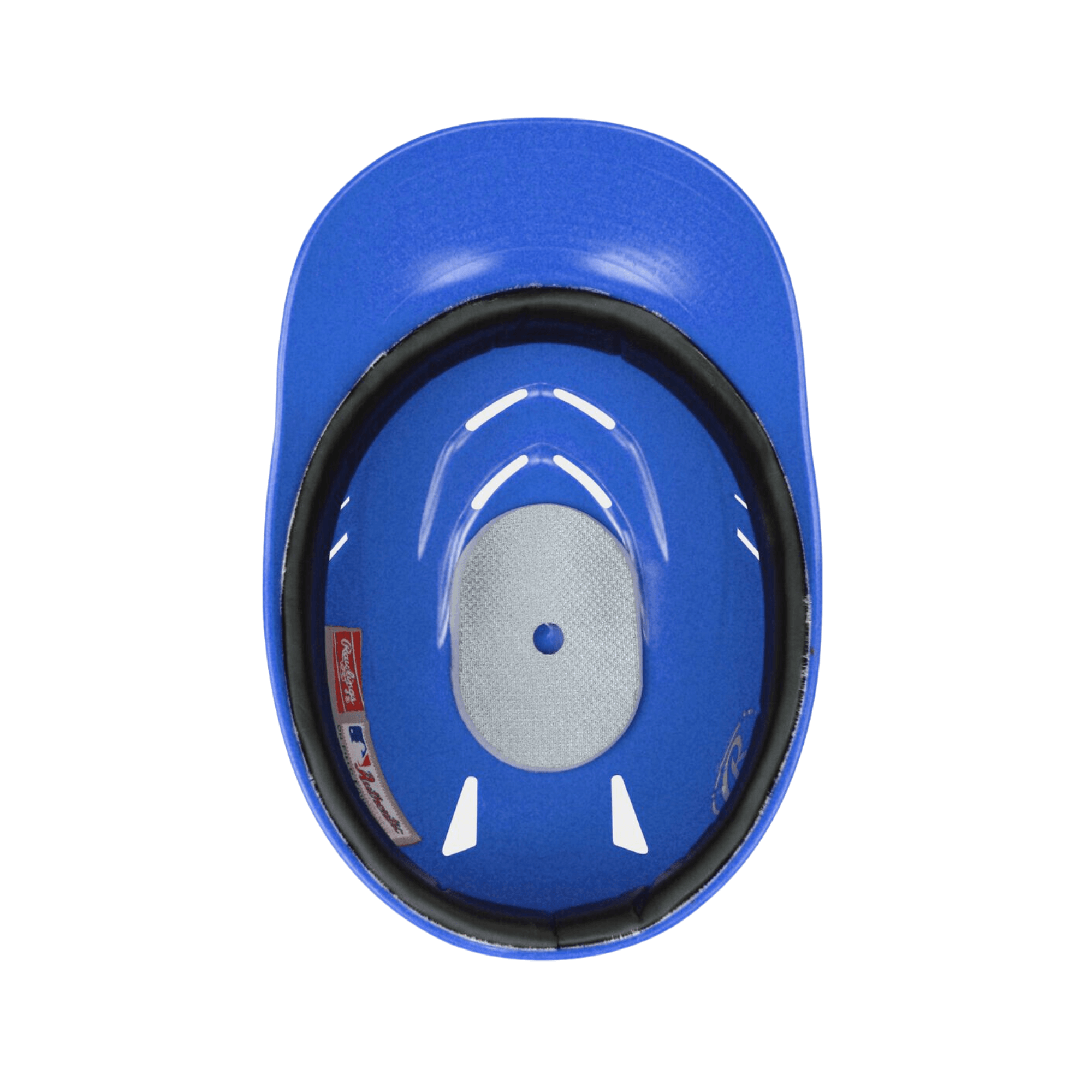 Inside view of Rawlings Coolflo matte royal catcher and base coach helmet showing padded interior and ventilation design.