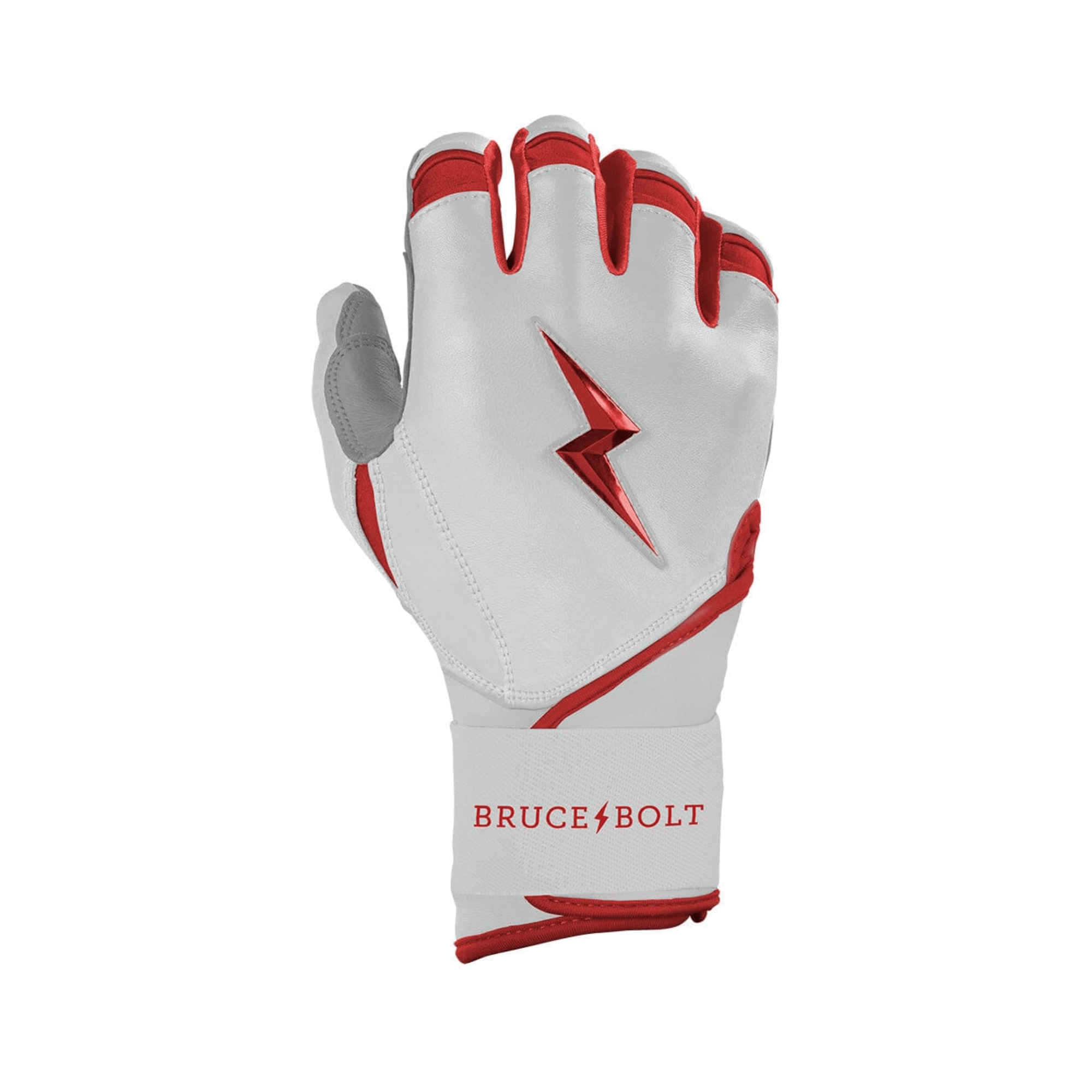 Right angle featuring Bruce Bolt Youth Premium Pro Chrome Batting Glove, red color.