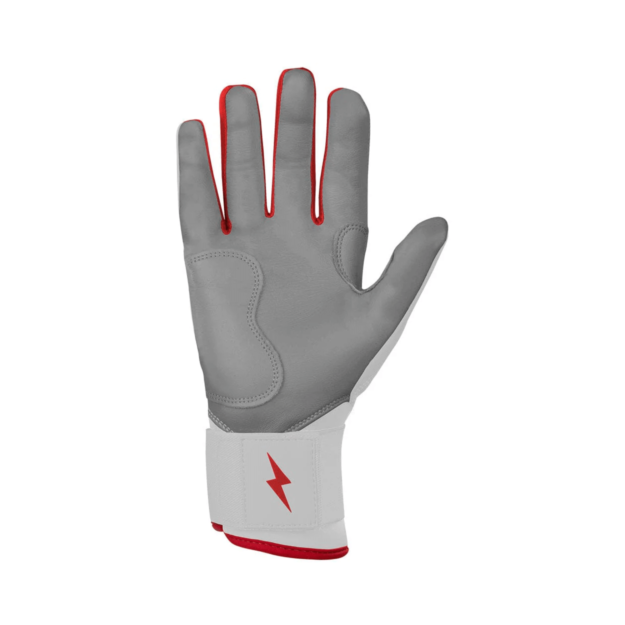 Palm view of the right hand with Bruce Bolt Batting Glove in red.