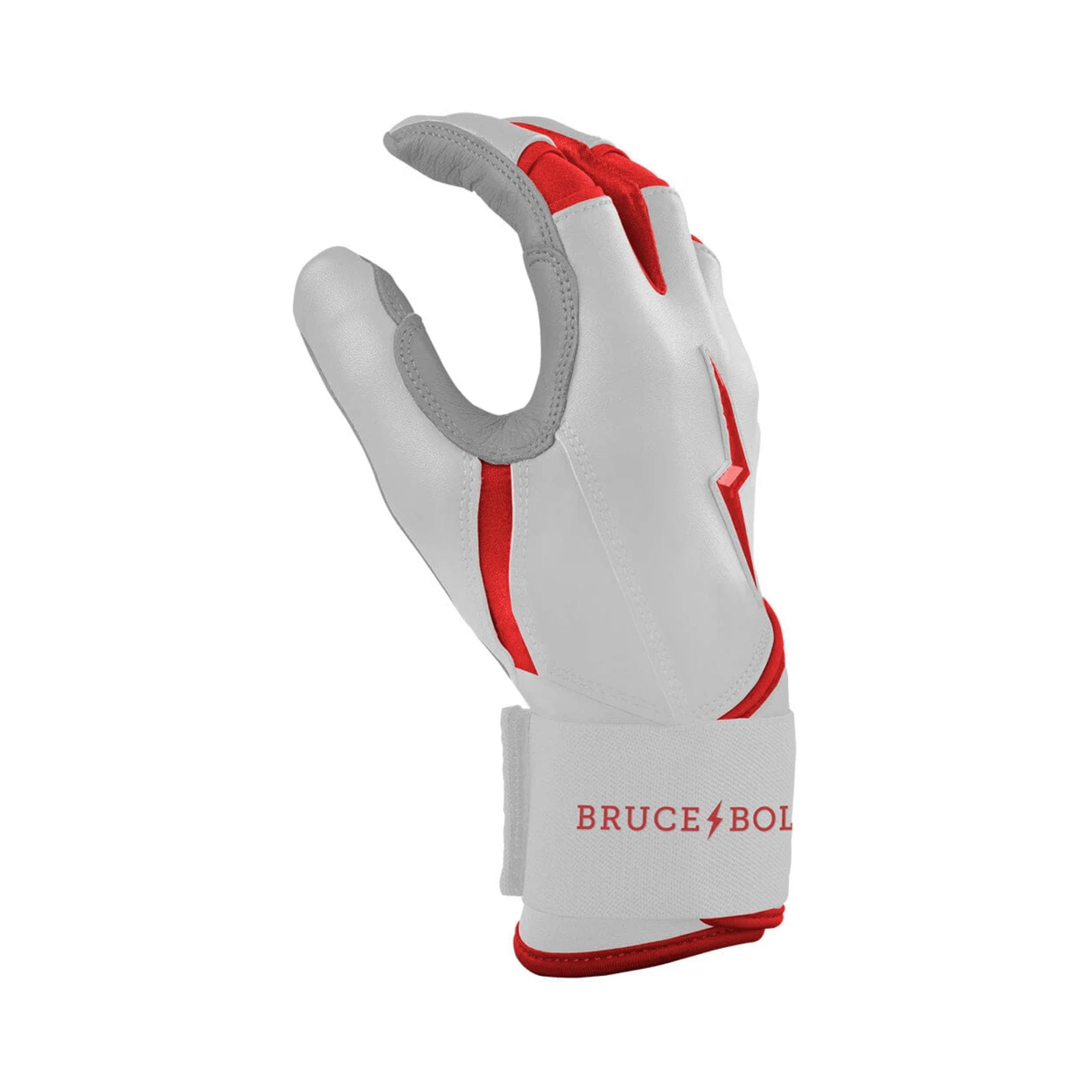 Side angle view of Bruce Bolt Youth Premium Pro Chrome Batting Glove in red.