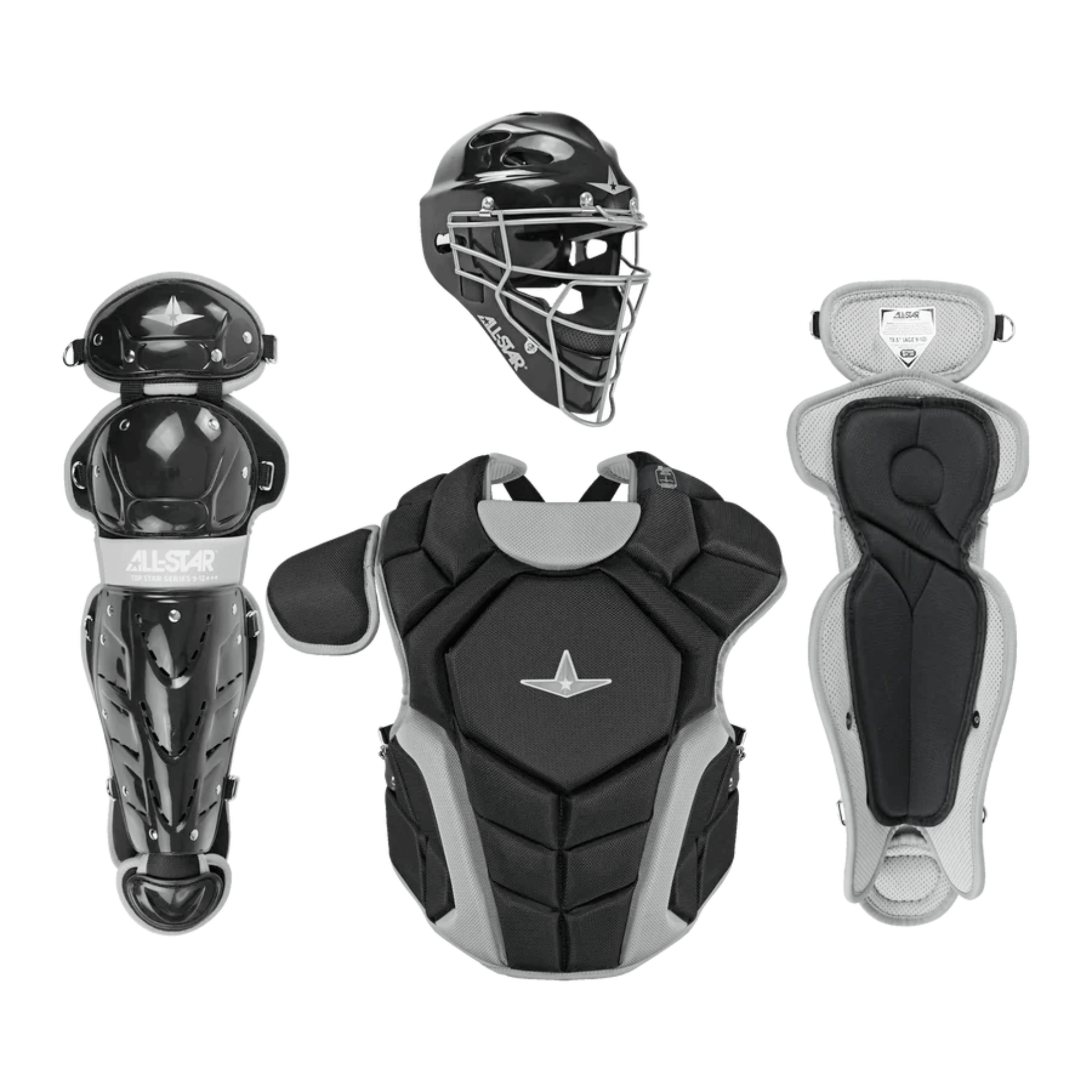 All-Star Top Star Catcher's Kit for ages 12-16 featuring headgear, chest protector, and leg guards in sleek black design.