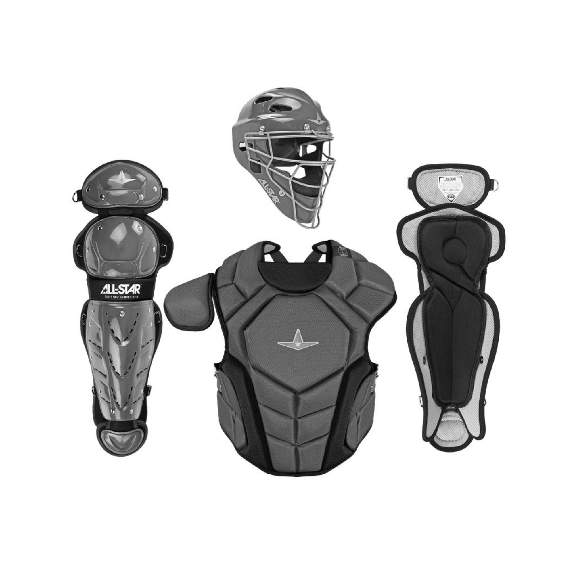 All-Star Top Star Catcher's Kit including mask, chest protector, leg guards, and groin protector in gray color.