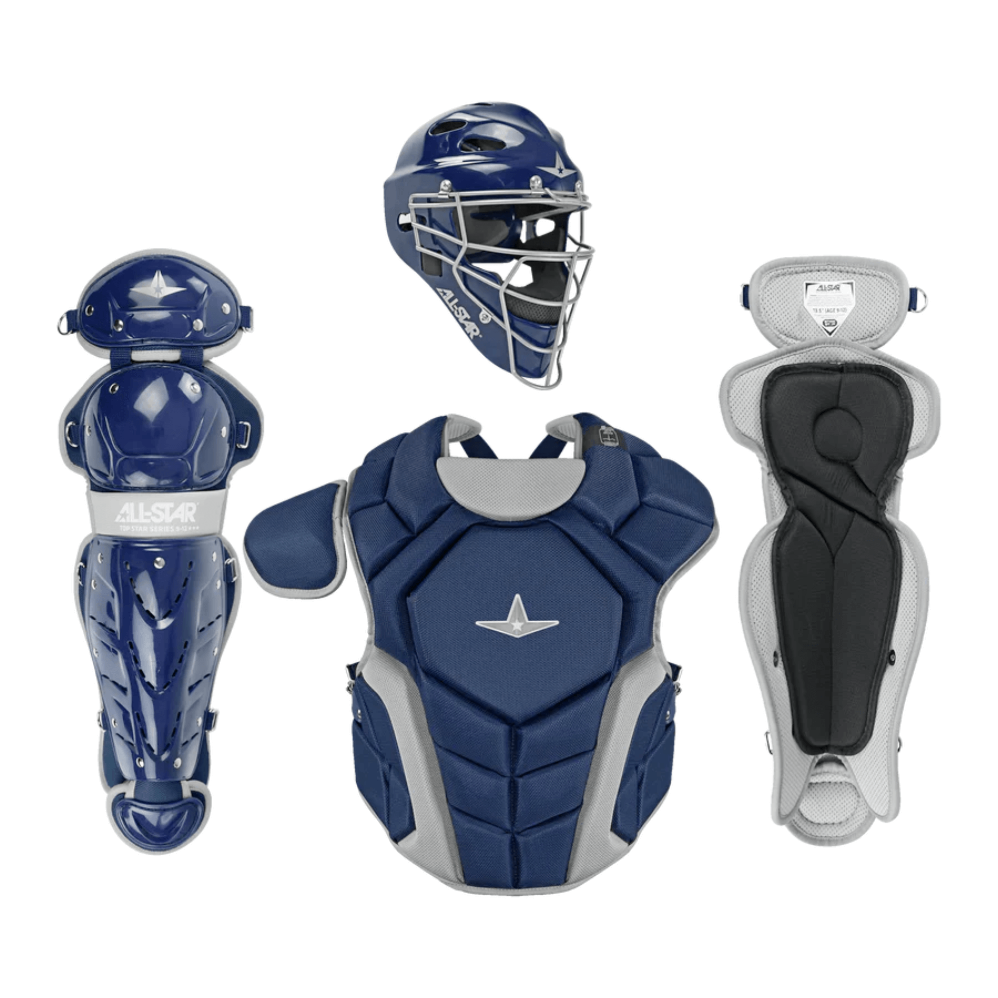 All-Star Top Star Catcher's Kit with helmet, chest protector, leg guards, and groin protector for ages 12-16.