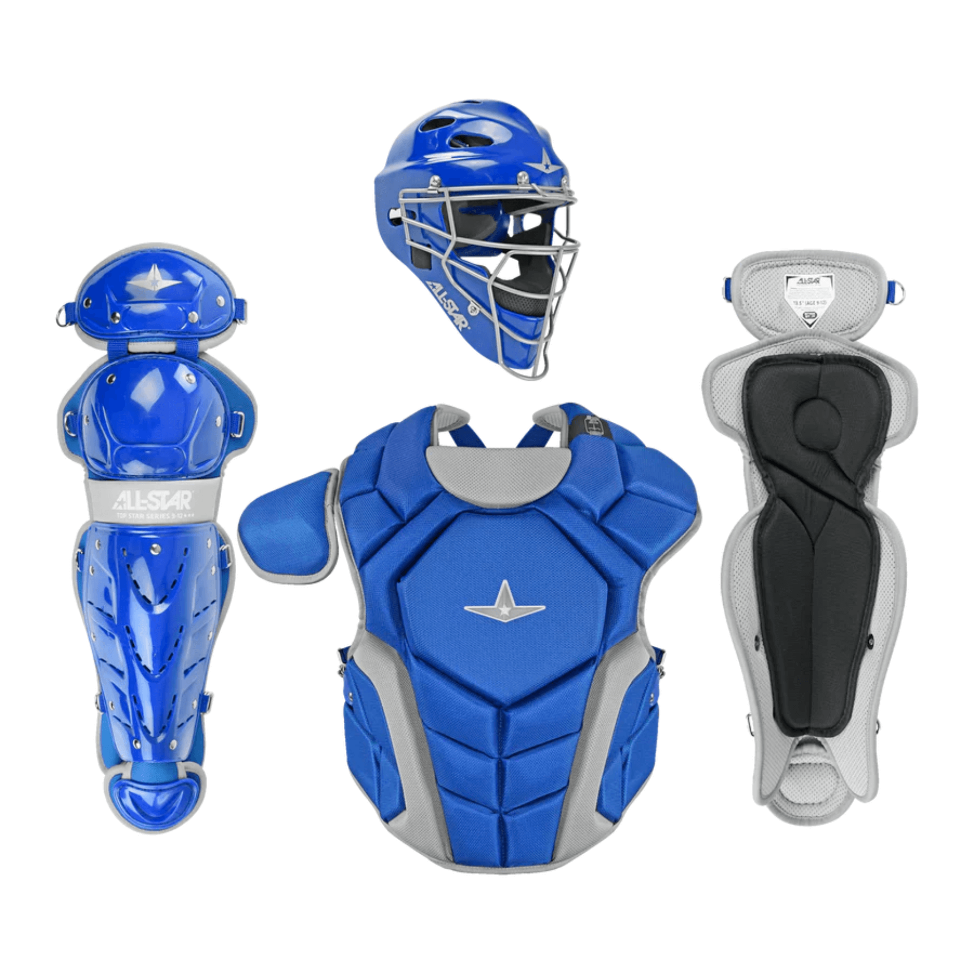 All-Star Top Star Catcher's Kit in blue, featuring mask, chest protector, and leg guards designed for travel ball catchers.
