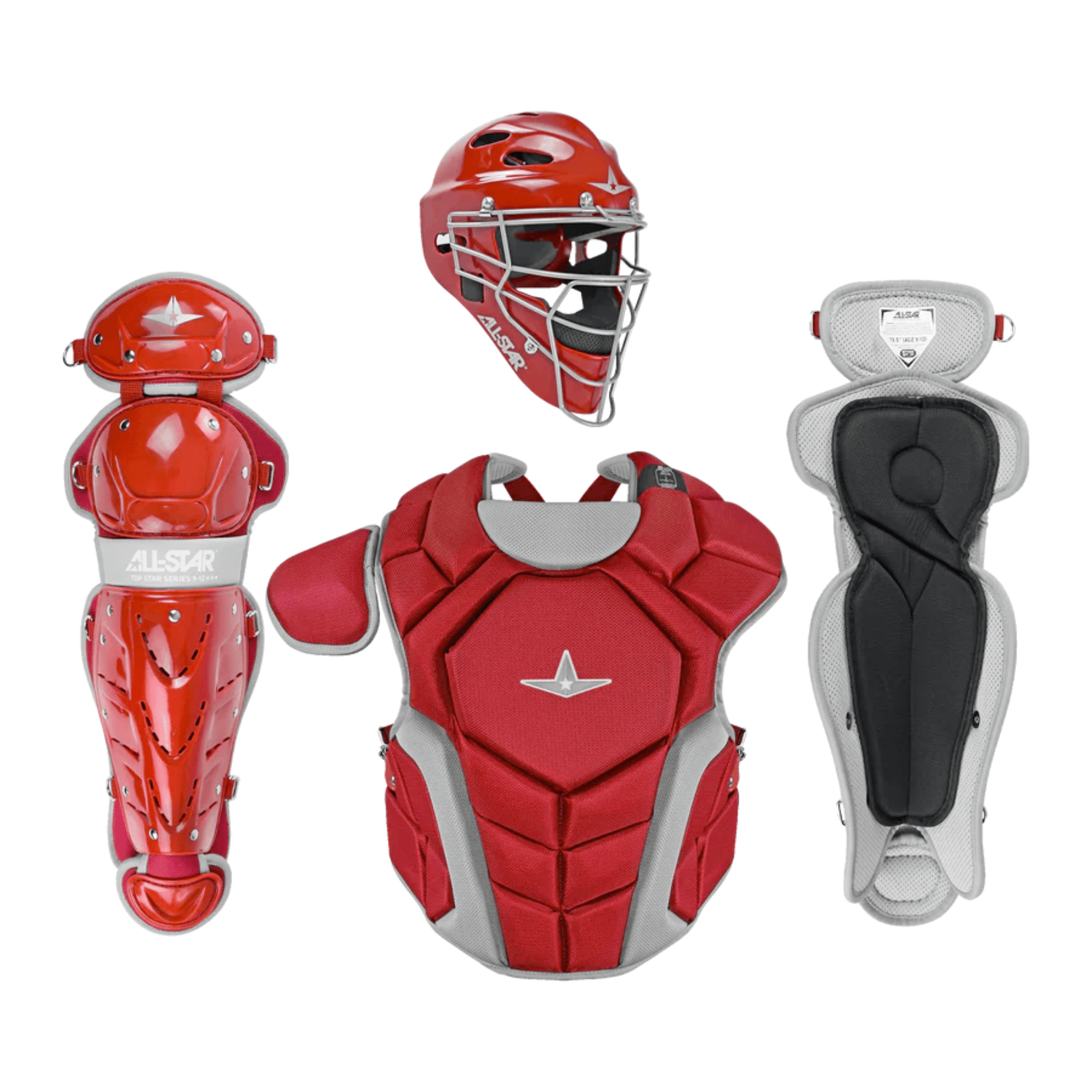 All-Star Top Star Catcher's Kit for ages 12-16, including helmet, chest protector, and leg guards in red and gray design.