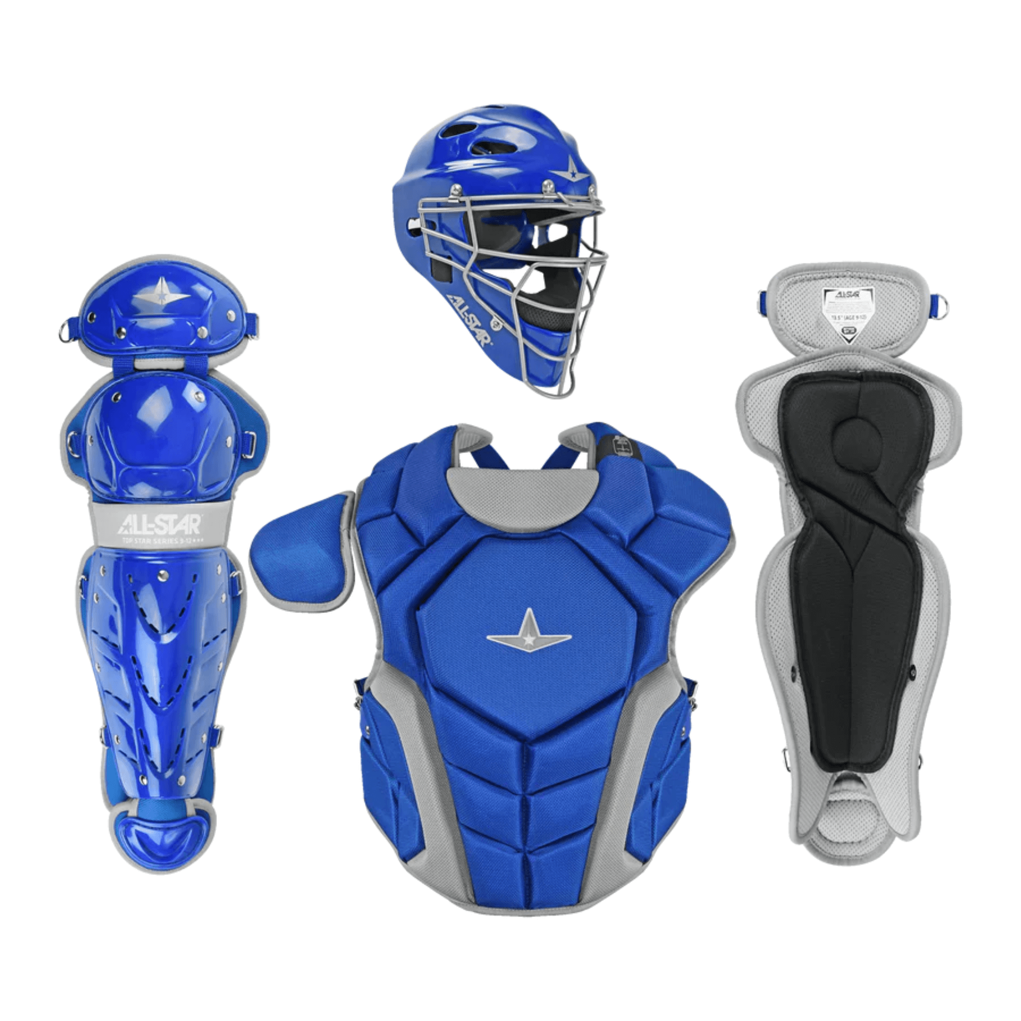 All-Star Top Star Catcher's Kit for ages 9-12, featuring blue gear: mask, chest protector, groin protector, and leg guards.