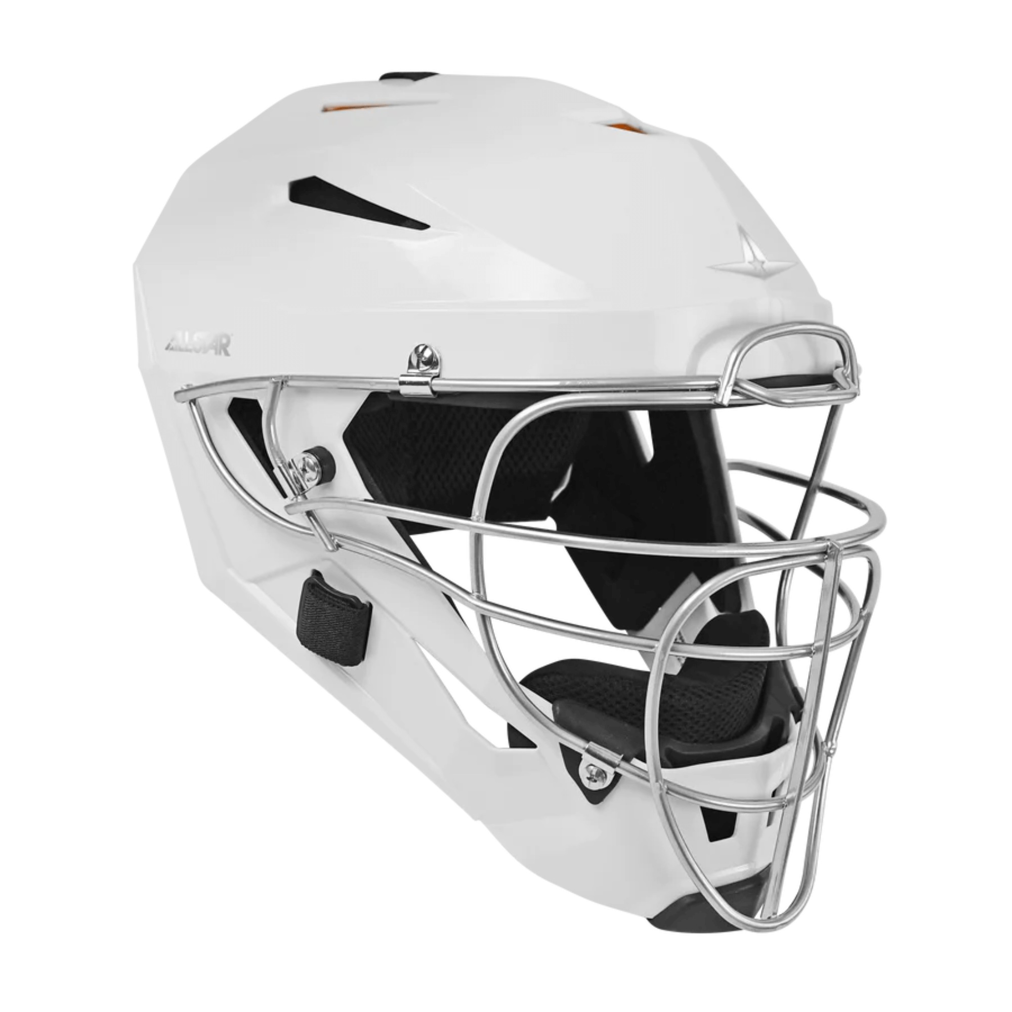 All-Star PHX Fastpitch catchers helmet in white with advanced design and protective features for elite players.