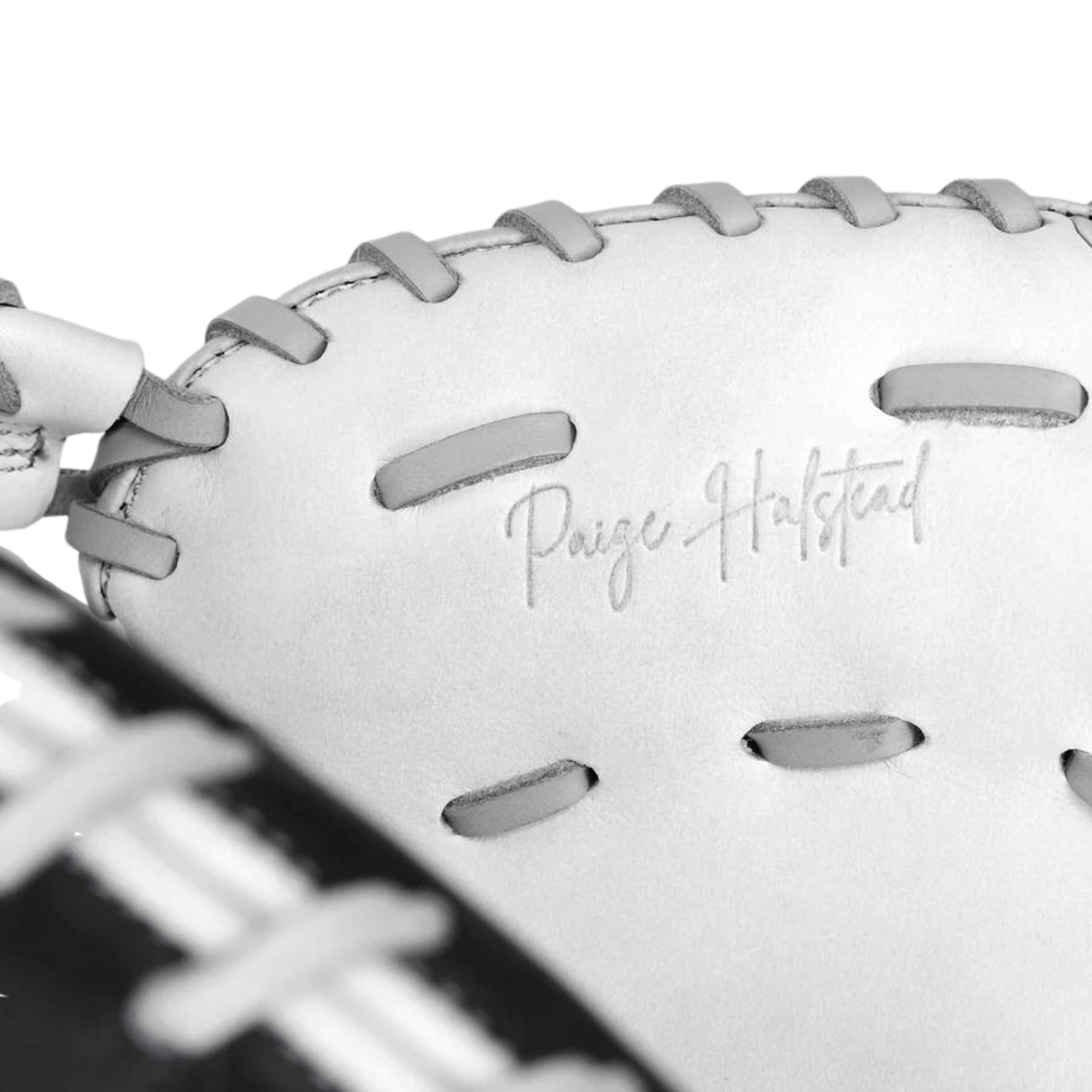 Close-up of All-Star PHX Fastpitch Catcher's Mitt featuring Paige Halstead signature and premium leather detail.