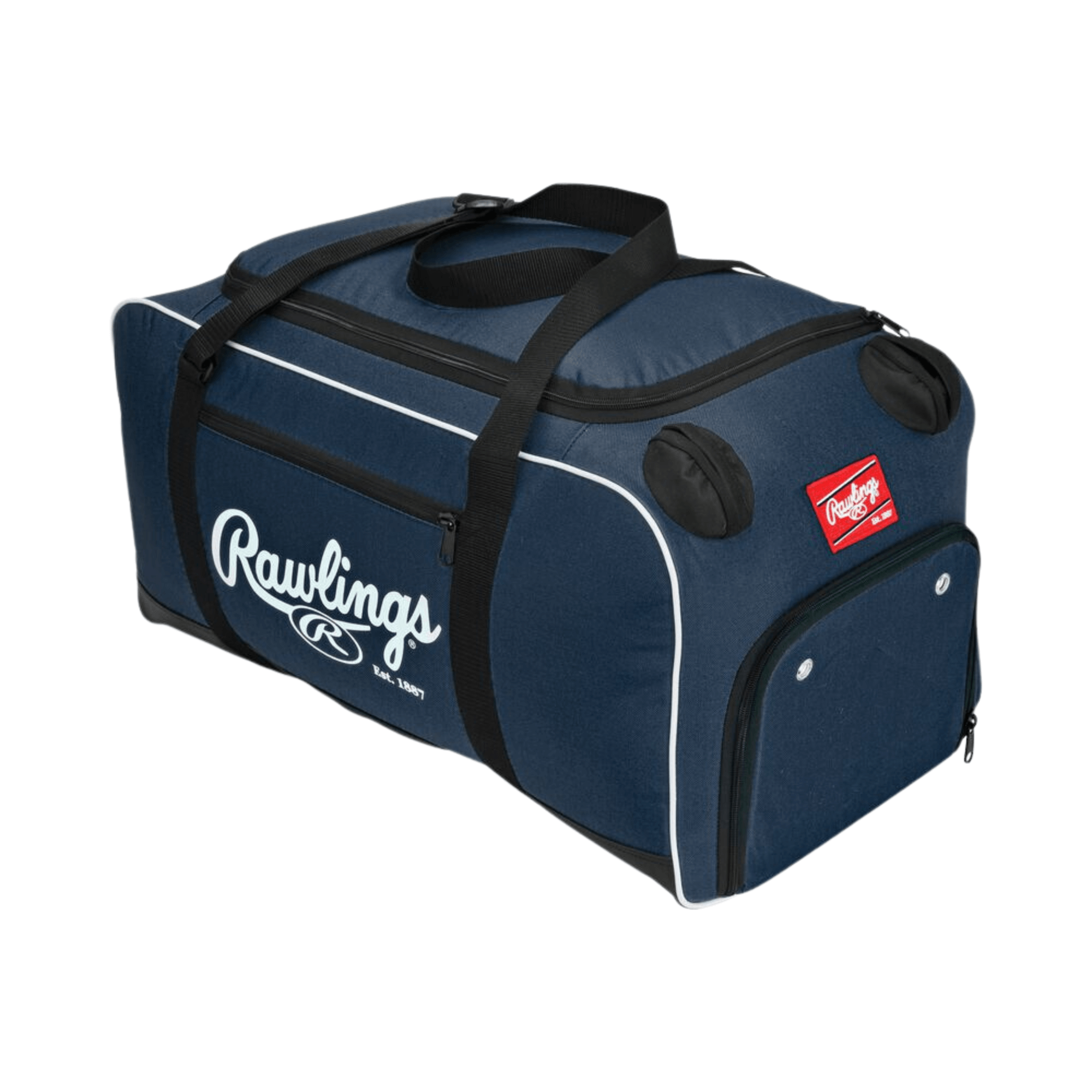 Trosky Rawlings Custom Covert Duffle Bag in navy with logo and black accents, perfect for players' gear and custom orders.