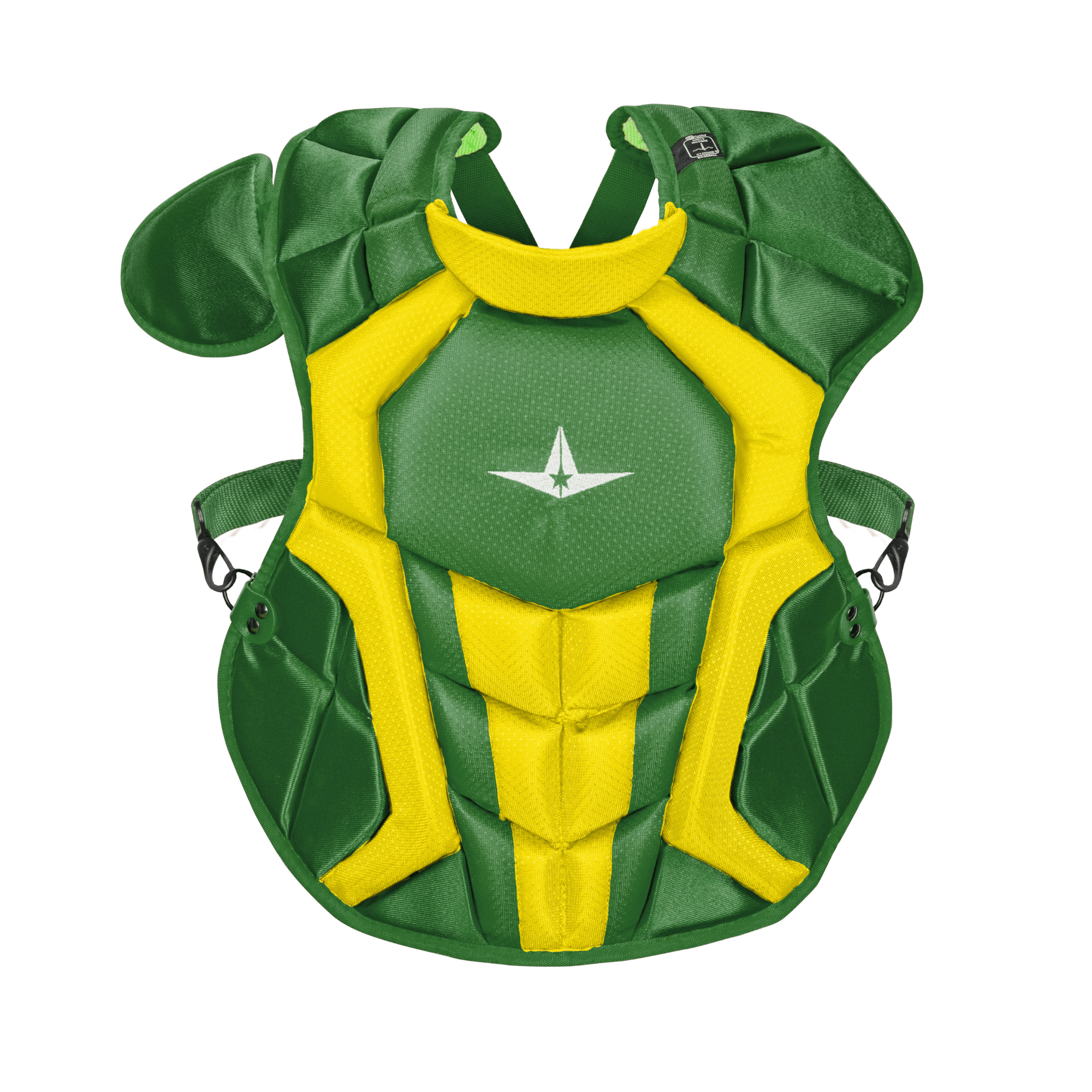 All-Star S7 AXIS Two Tone Chest Protector for youth catchers, featuring green and yellow design, lightweight and breathable.