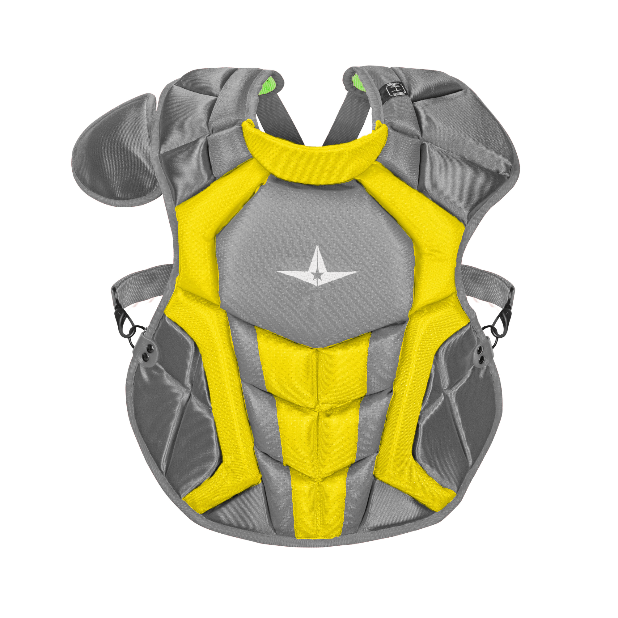 All-Star S7 AXIS Chest Protector in gray and yellow, designed for elite baseball catchers ages 12-16.