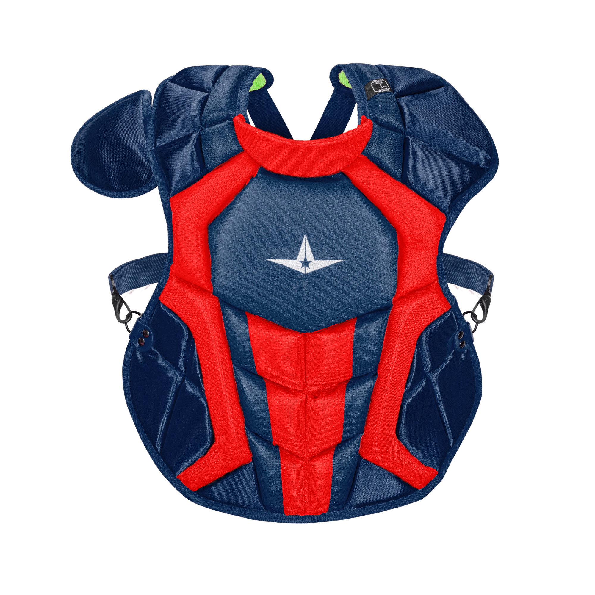 All-Star S7 AXIS Chest Protector in two-tone blue and red, designed for elite-level youth baseball catchers, ages 12-16.