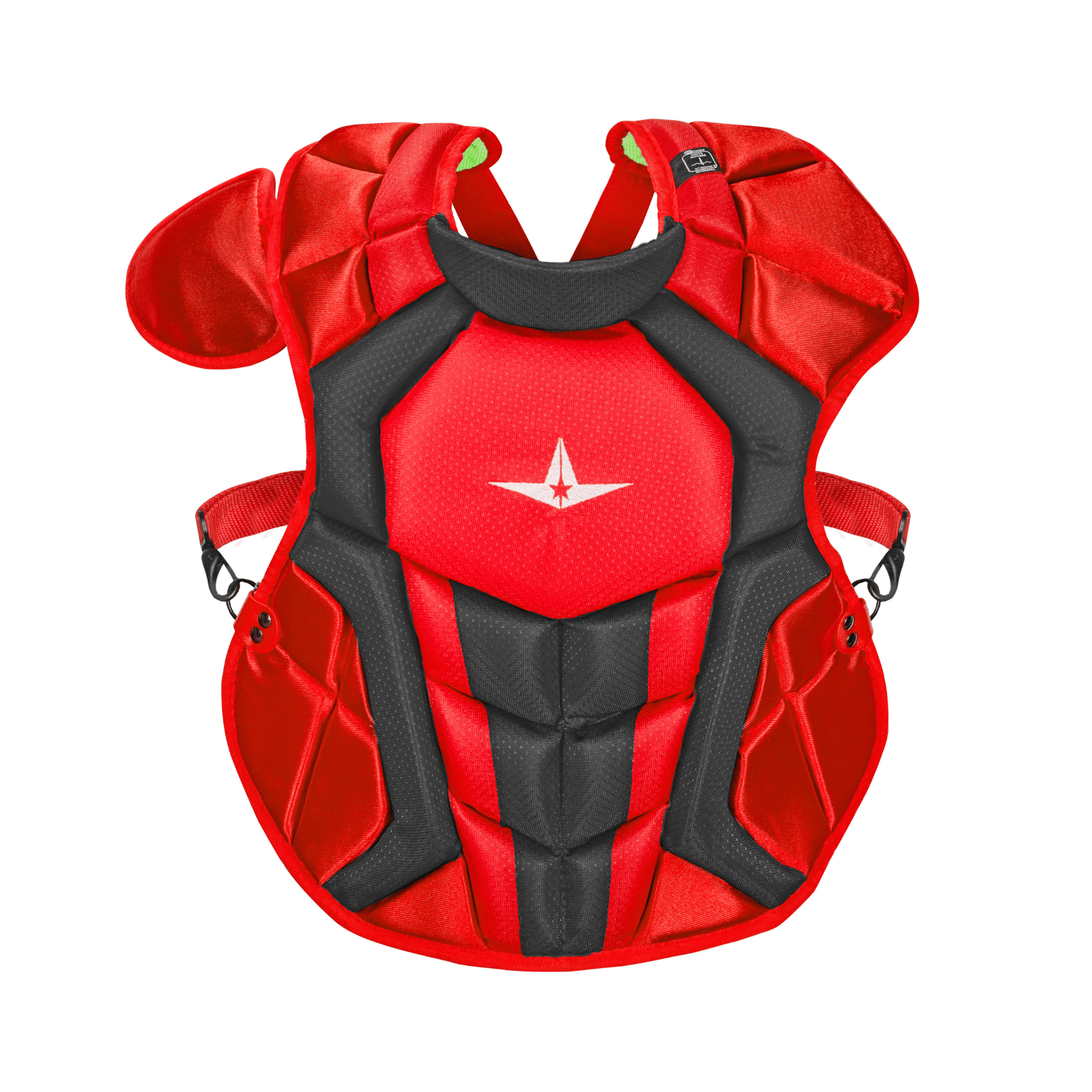 All-Star S7 AXIS Chest Protector in red and black for youth catchers aged 9-12 with breathable design and adjustable fit.