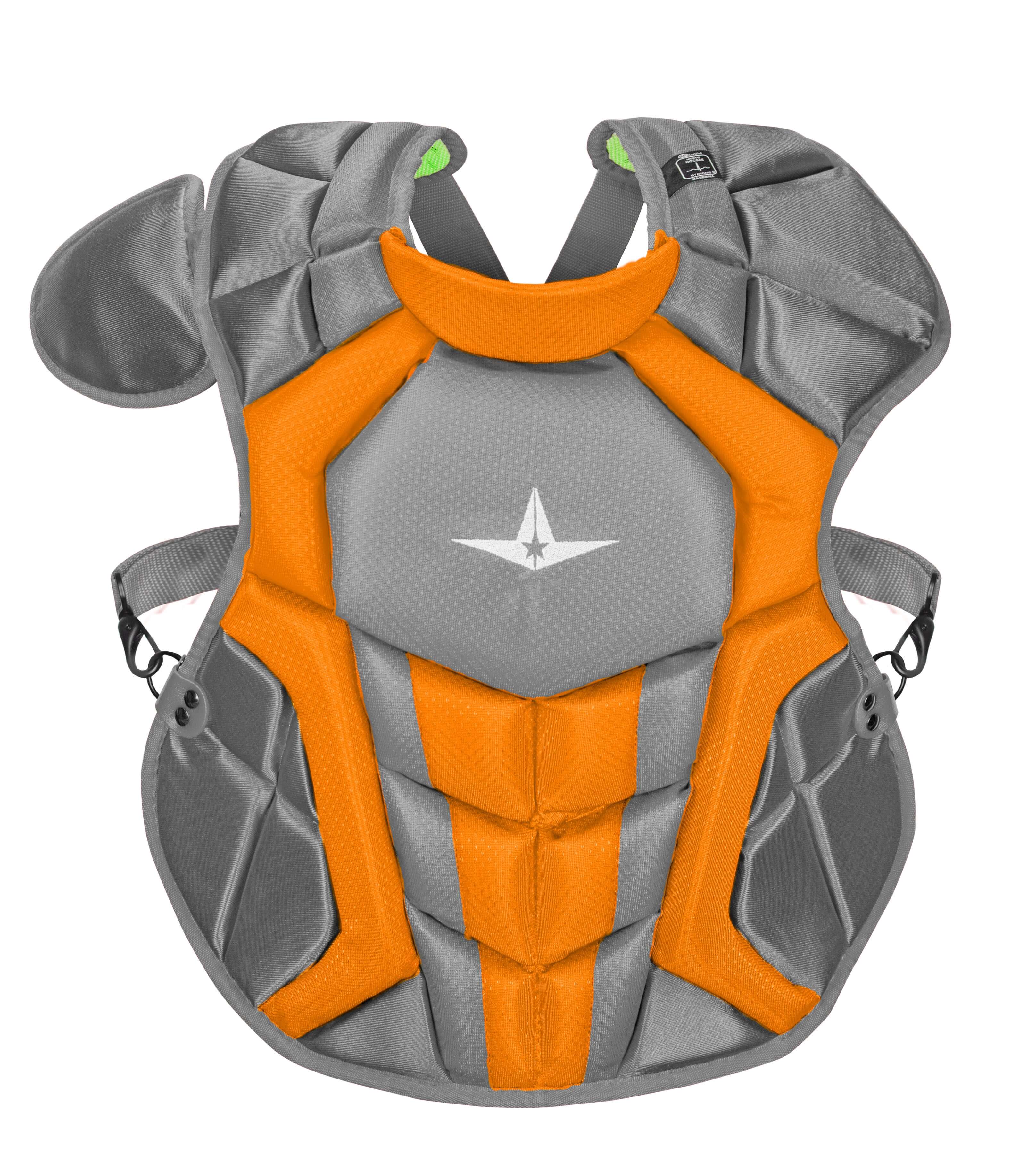 All-Star S7 AXIS Chest Protector in two-tone gray and orange, designed for ages 9-12, lightweight and machine washable.