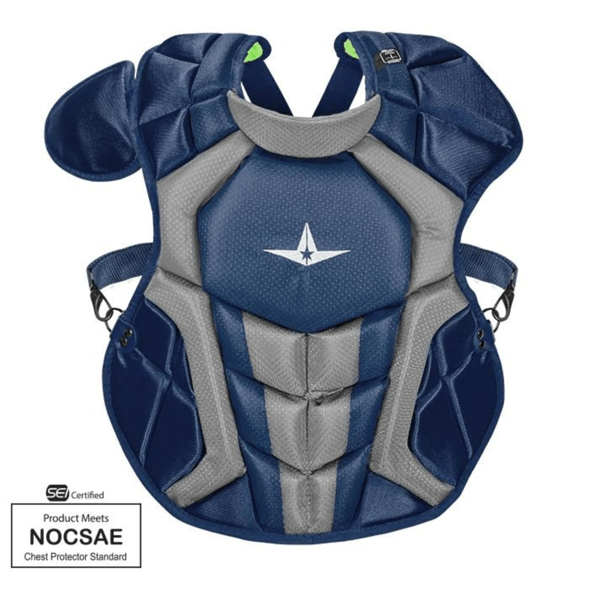 All-Star S7 Axis Chest Protector for ages 9-12, certified to meet NOCSAE standards, black hardware.