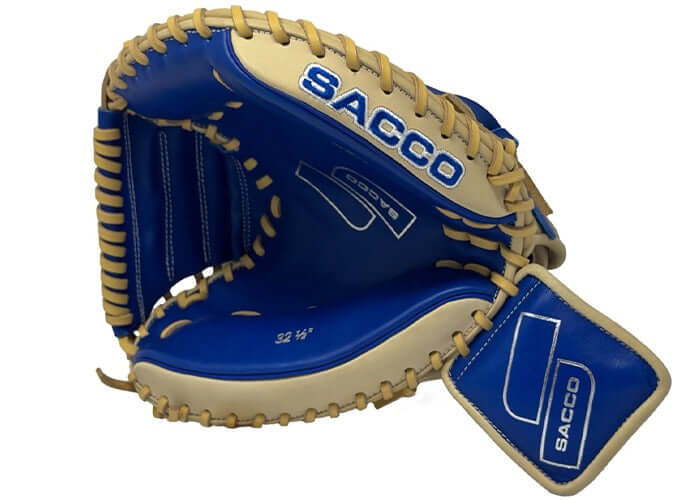 Front view of the Sacco Youth Ultra Smooth Kip 32.5" Catchers Mitt in camel and royal color, showcasing premium leather and wrist flap.